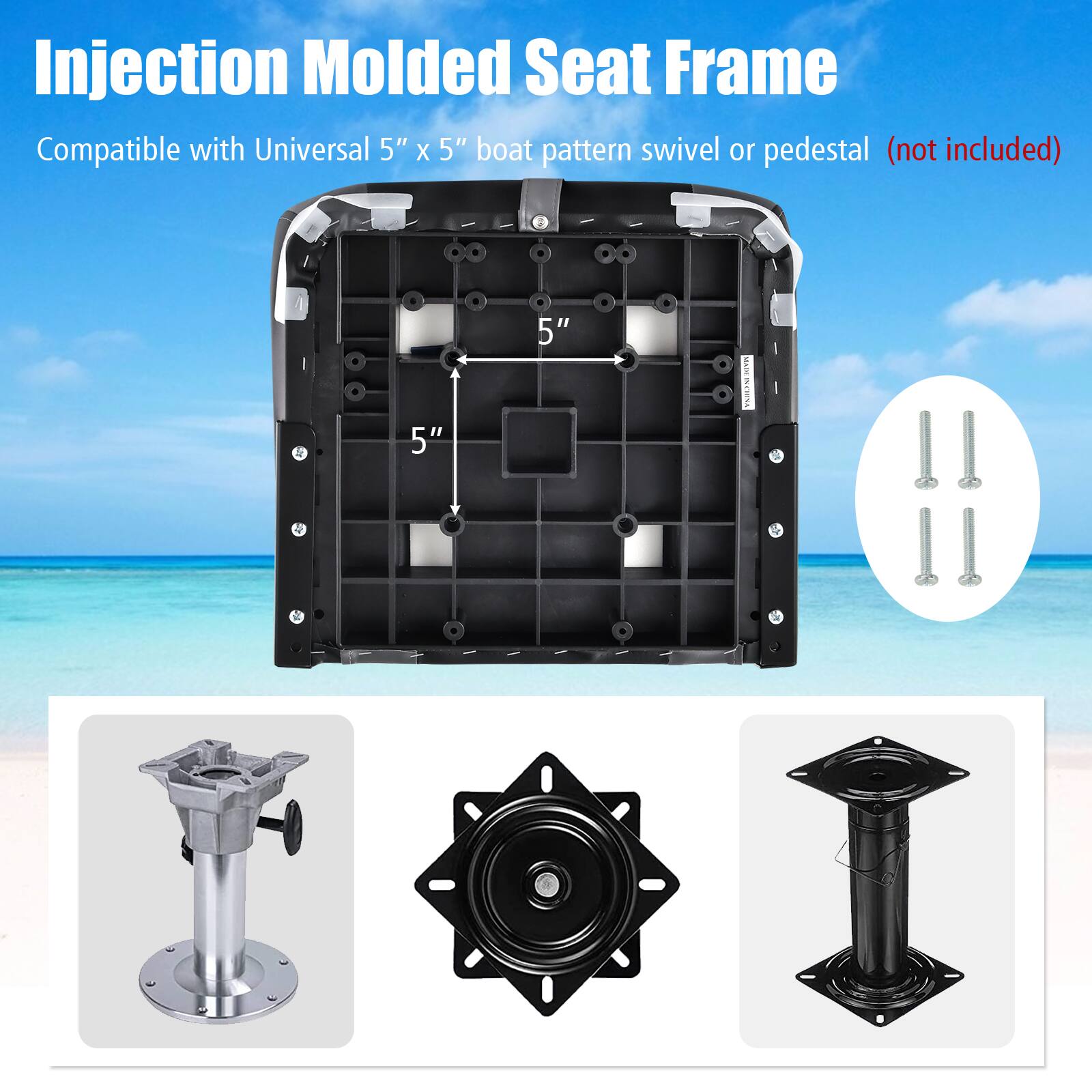 Injection Molded Seat Frame

Compatible with Universal 5" x 5" boat pattern swivel or pedestal (not included)
