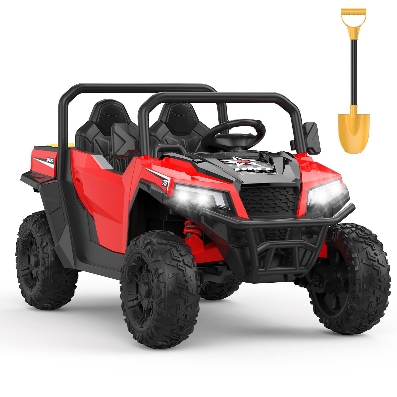 Angle. GARVEE - 24V Electric Ride-On Dump Truck, 2-Seater 4WD Remote Control, Dump Bed, Shovel, LED Lights, Bluetooth.