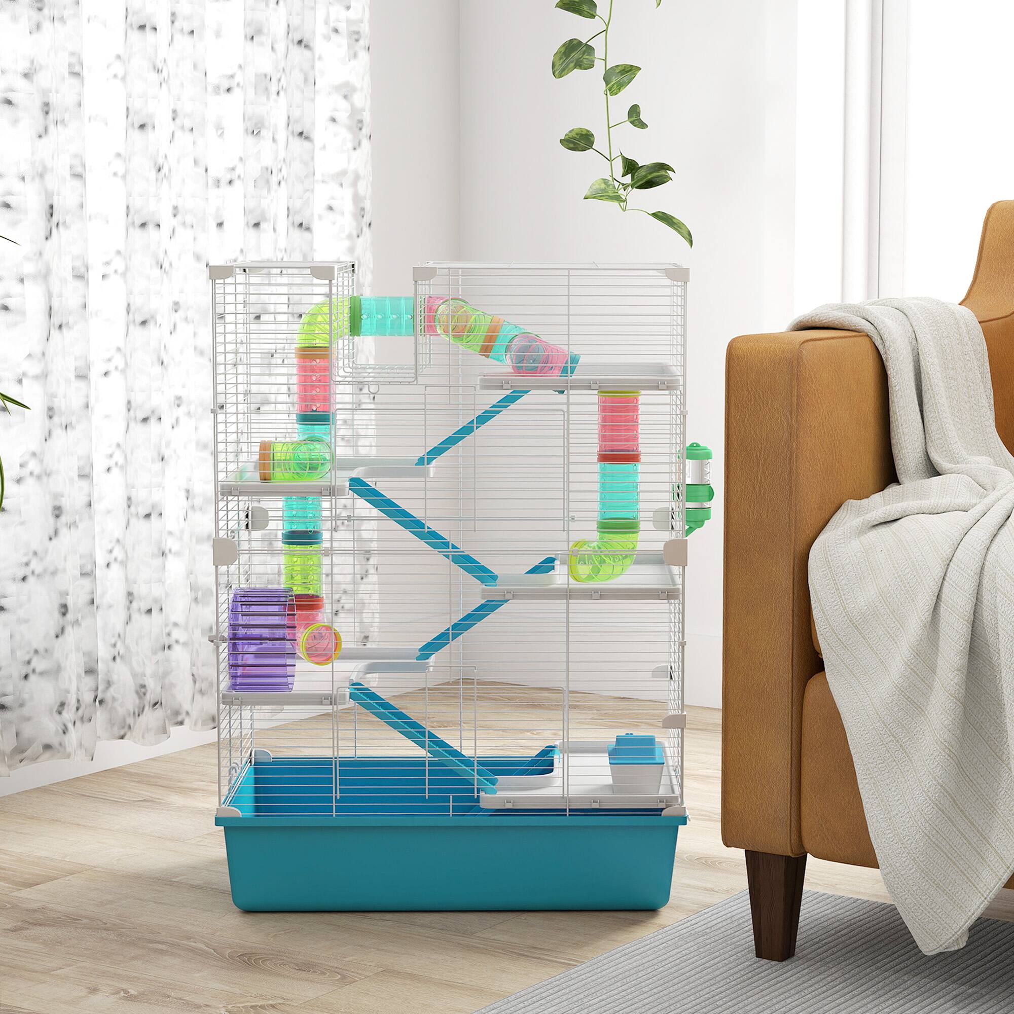 Alt View 4. Pawhut - Hamster Cage, 6 Tier Small Animal Cage with Tubes, Tunnels, 32" DIY Design with Hut, Wheel, Food Dish, Water Bottle.