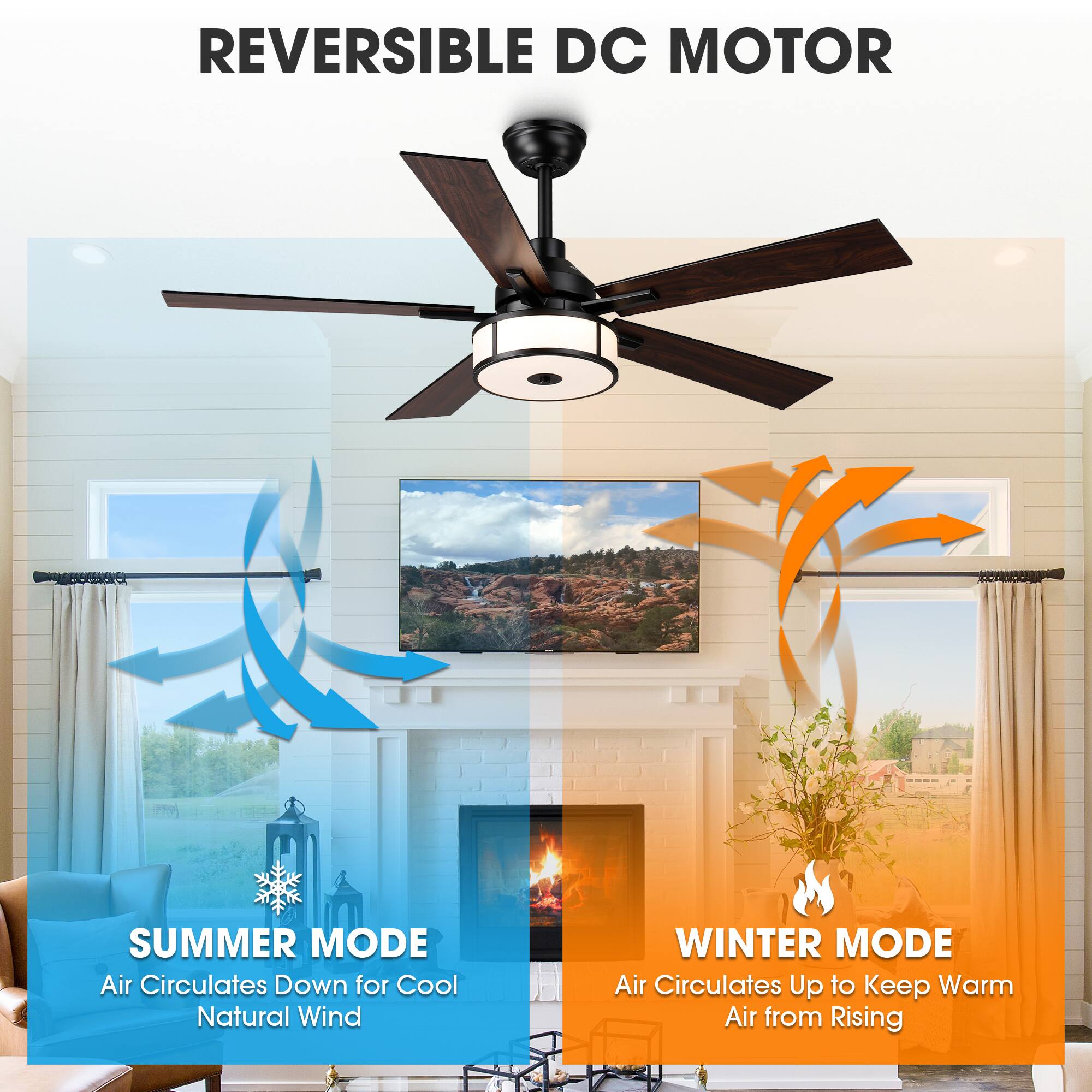 REVERSIBLE DC MOTOR

SUMMER MODE
Air Circulates Down for Cool Natural Wind

WINTER MODE
Air Circulates Up to Keep Warm Air from Rising