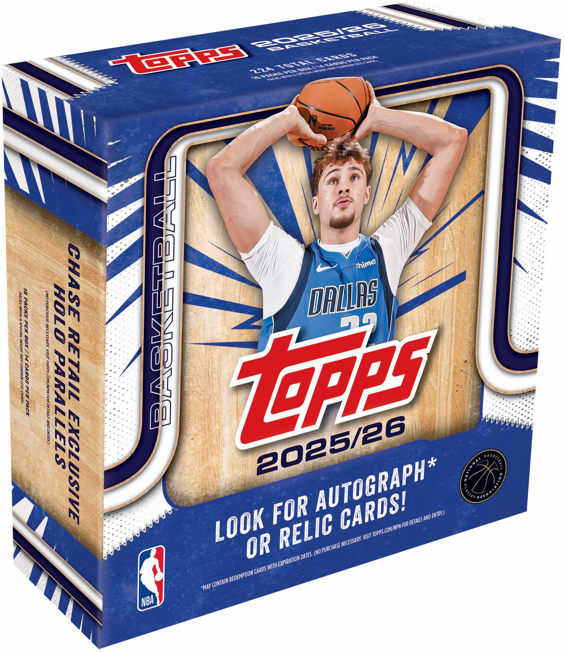 **Topps 2025/26 Basketball**

- **Chase Exclusive**
- **Retail Exclusive**
- **Holo Parallels**
- **Look for Autograph or Relic Cards!**
- **May contain redemption cards with expiration dates (no purchase necessary). Visit topps.com for details and entry.**
- **NBA Licensed Product**
- **Topps Cares**