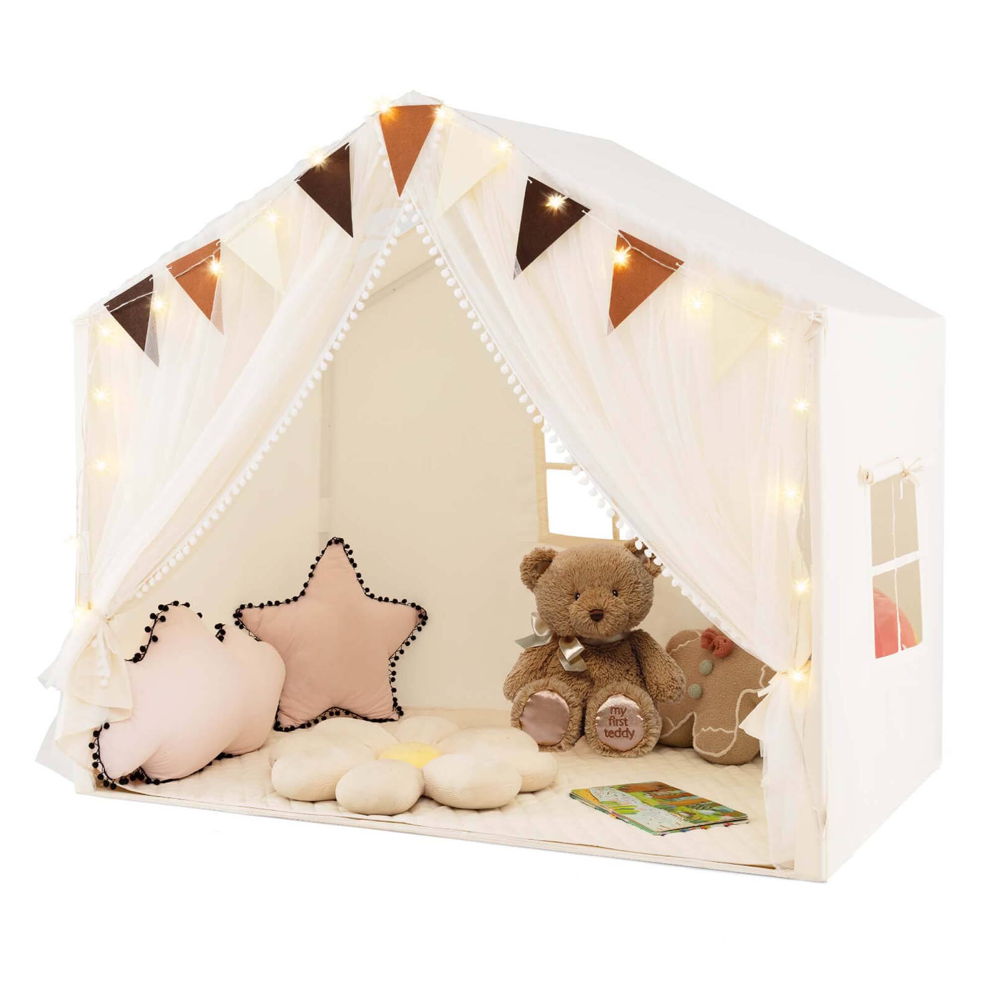 Costway - Kids Play Tent with Door Curtains Windows Star Lights Colorful Flags Padded Mat - Beige