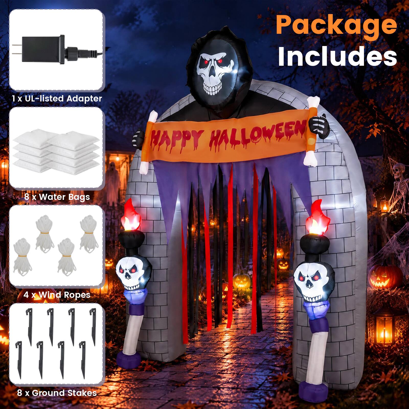 Package Includes

1 x UL-listed Adapter

8 x Water Bags

4 x Wind Ropes

8 x Ground Stakes