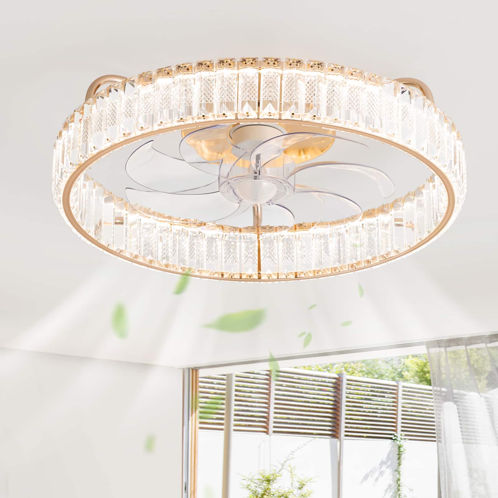 Breezary - 20-Inch Modern Flush Mount Crystal Cage Fan with LED Light, Remote, 7 Transparent Blades, 6-Speed DC Motor - Golden