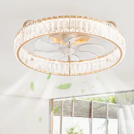 Front. Breezary - 20-Inch Modern Flush Mount Crystal Cage Fan with LED Light, Remote, 7 Transparent Blades, 6-Speed DC Motor - Golden.