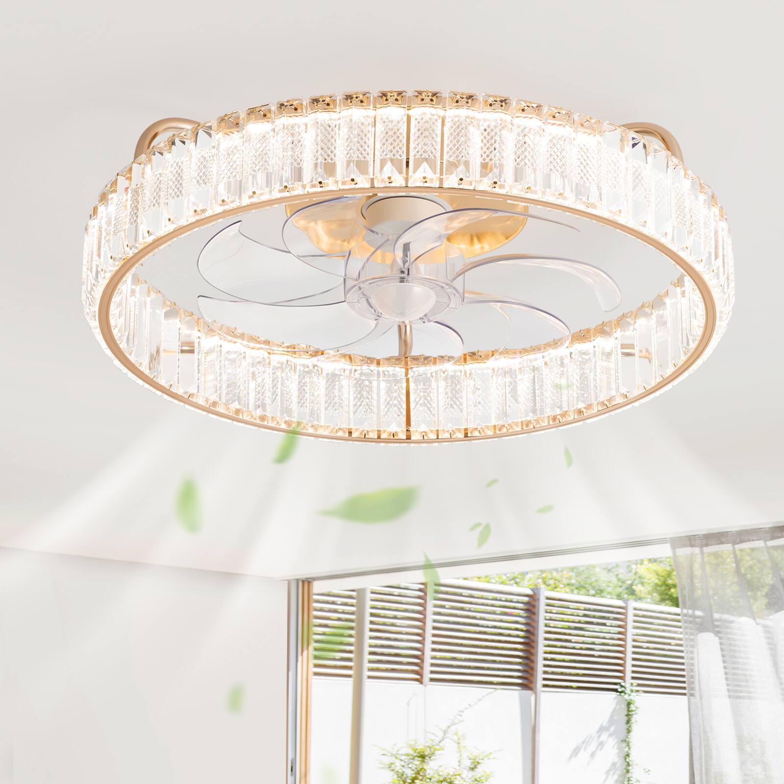Breezary - 20-Inch Modern Flush Mount Crystal Cage Fan with LED Light, Remote, 7 Transparent Blades, 6-Speed DC Motor - Golden