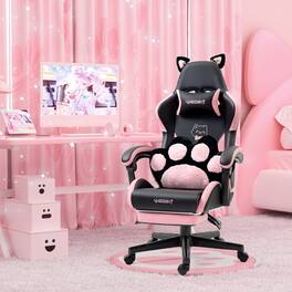 PexFix - Kawaii Gaming Chair for Girls, Reclining PC Chair with Cat Ears, Footrest & Paw Lumbar Support - Black+Pink