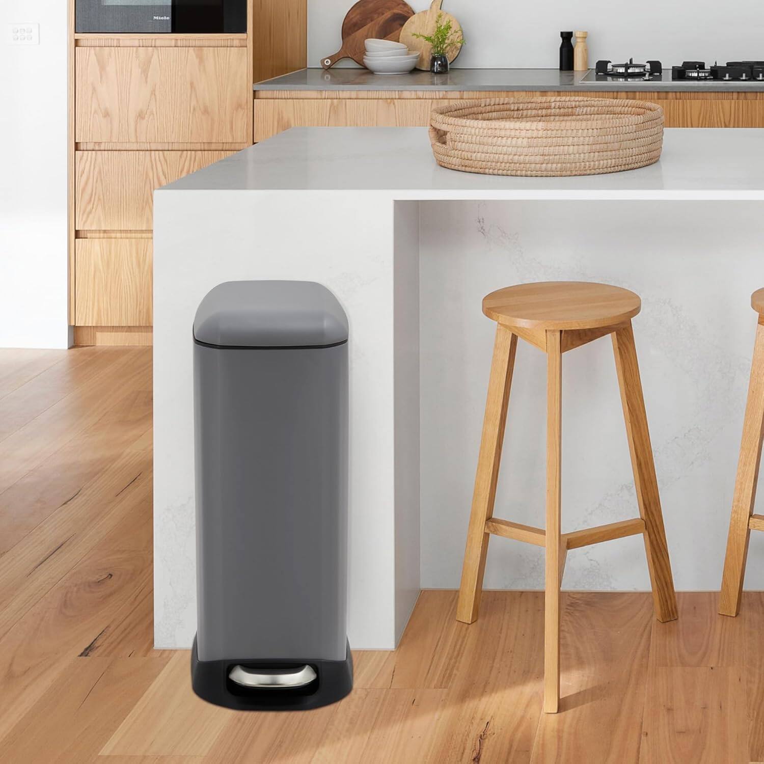Angle. Acekool - 3.2 Gallon Stainless Steel Trash Can with Soft-Close Step Pedal, Fingerprint-Resistant, Grey - Gray.
