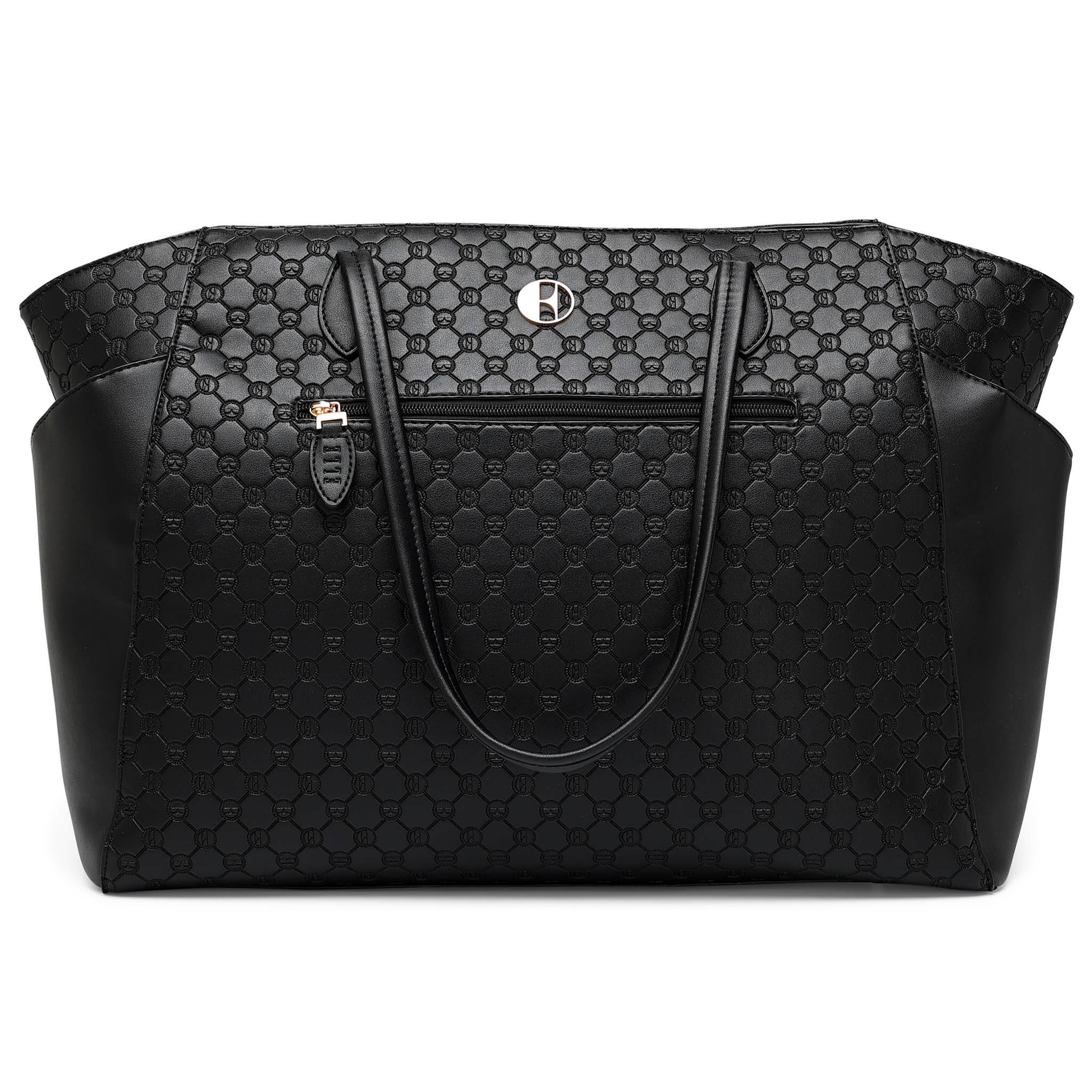 Front. Elle - ELLE Compass 32L Vegan Leather Monogram Weekender Duffel Bag | Black - Black.