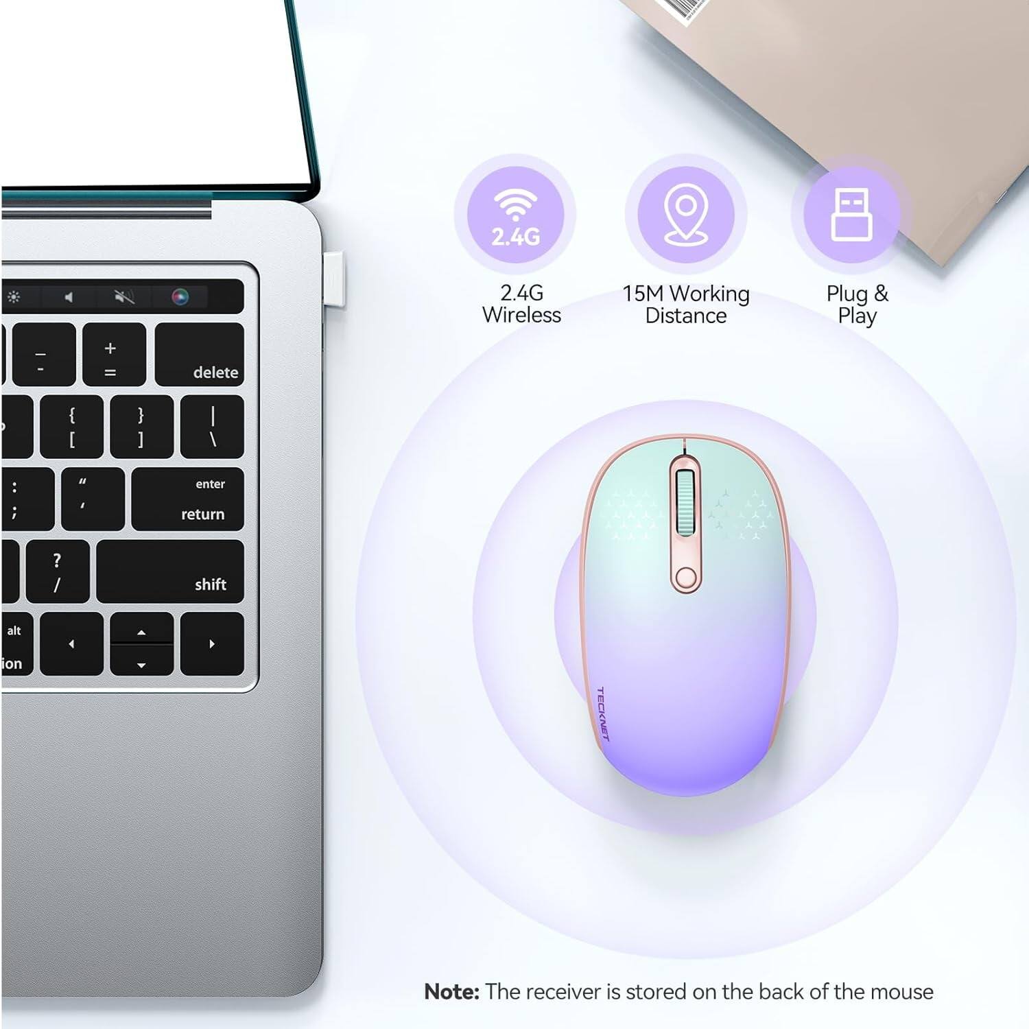 2.4G Wireless  
15M Working Distance  
Plug & Play  

Note: The receiver is stored on the back of the mouse