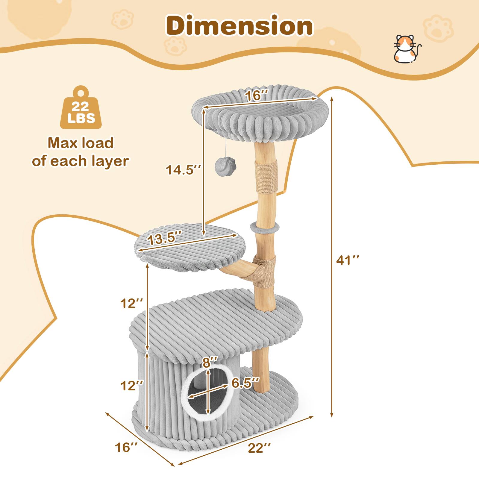 Dimension  
22 LBS  
16"  
Max load of each layer  
14.5"  
13.5"  
41"  
12"  
12"  
8" 6.5"  
16"  
22"