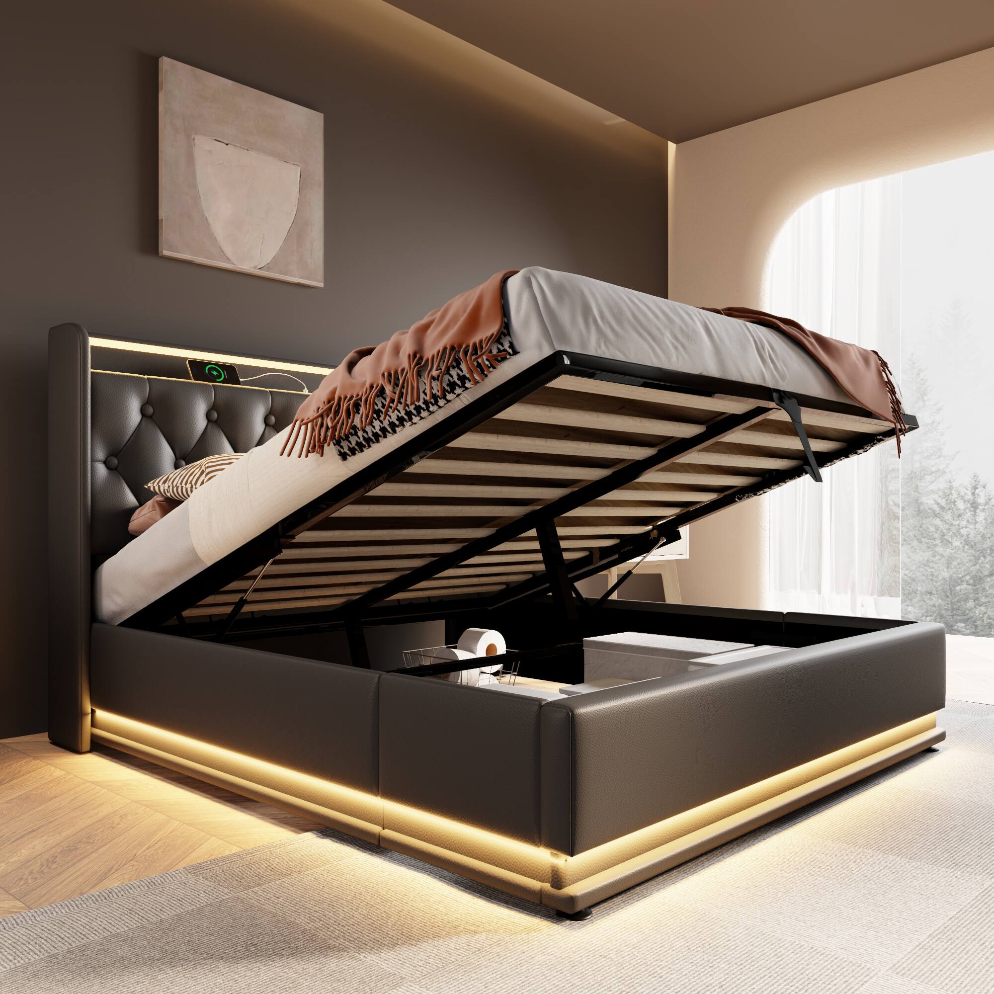 Alt View 5. Spaco - Spaco Queen Storage Bed with Hydraulic Lift, 360 LED Lighting, USB C Charging, Remote Control for Bedroom - Black.