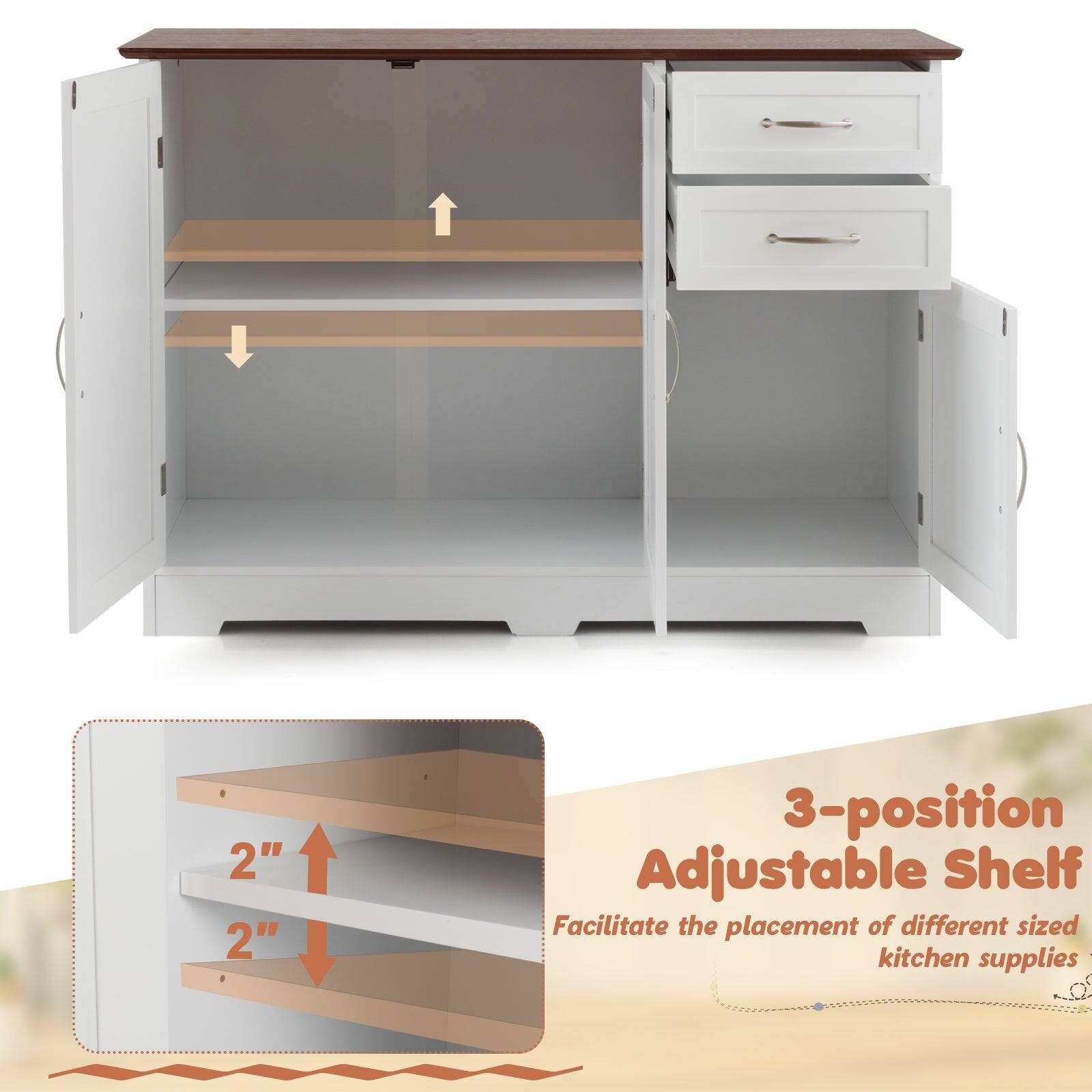 3-position Adjustable Shelf  
Facilitate the placement of different sized kitchen supplies  

2"  
2"