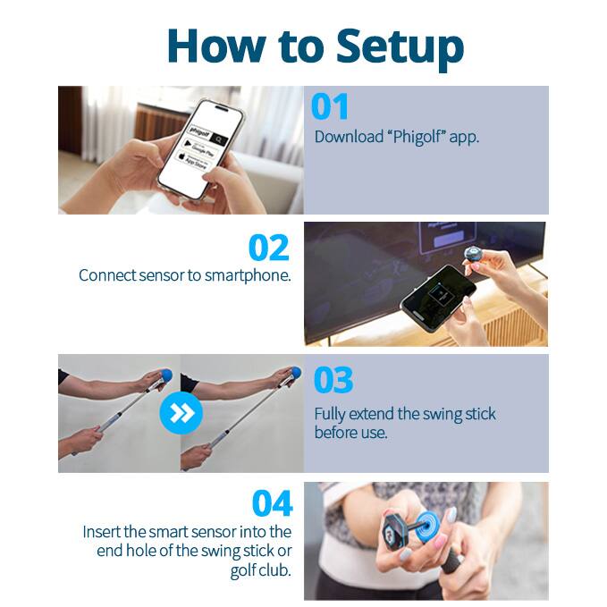 How to Setup

01 Download "Phigolf" app.

02 Connect sensor to smartphone.

03 Fully extend the swing stick before use.

04 Insert the smart sensor into the end hole of the swing stick or golf club.