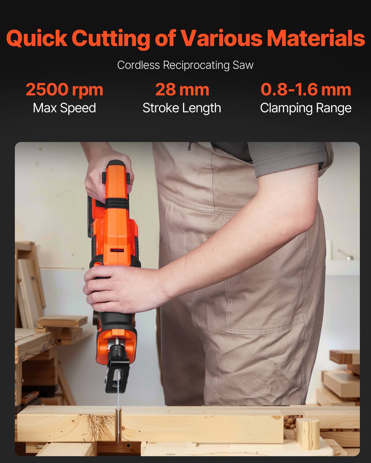 Quick Cutting of Various Materials  
Cordless Reciprocating Saw  

2500 rpm  
Max Speed  

28 mm  
Stroke Length  

0.8-1.6 mm  
Clamping Range