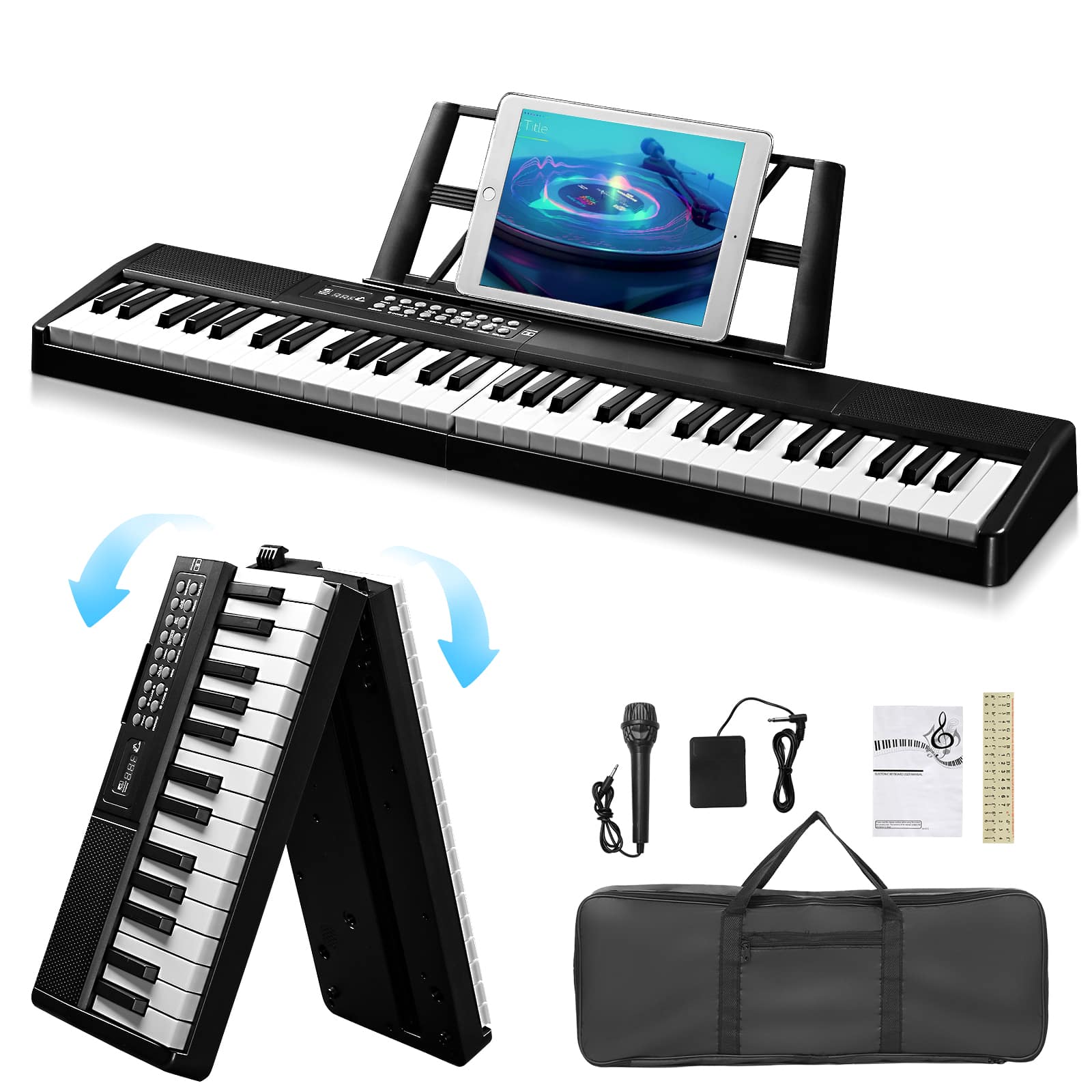 Winado - 61-Key Folding Bluetooth Keyboard Piano for Beginners, Portable Piano Keyboard with Music Rest, Bag, Pedal