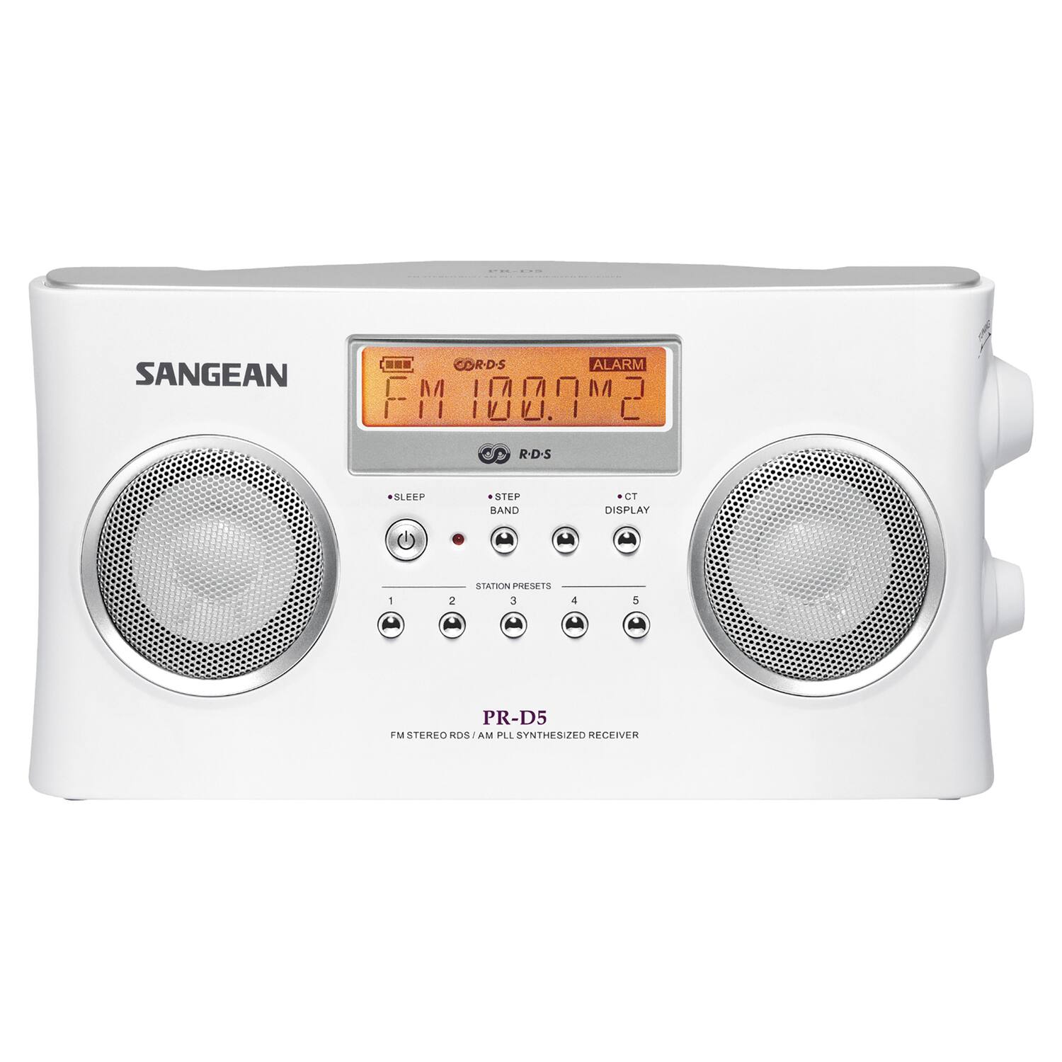 SANGEAN CORD-S ALARM FM 1009M2 2 R-D-S SLEEP STEP RAND CT DISPLAY 1 2 SATIN PRESETS 3 4 5 PR-D5 Th STEREO ROS AM PLL SYNTHESIZED RECEIVER
