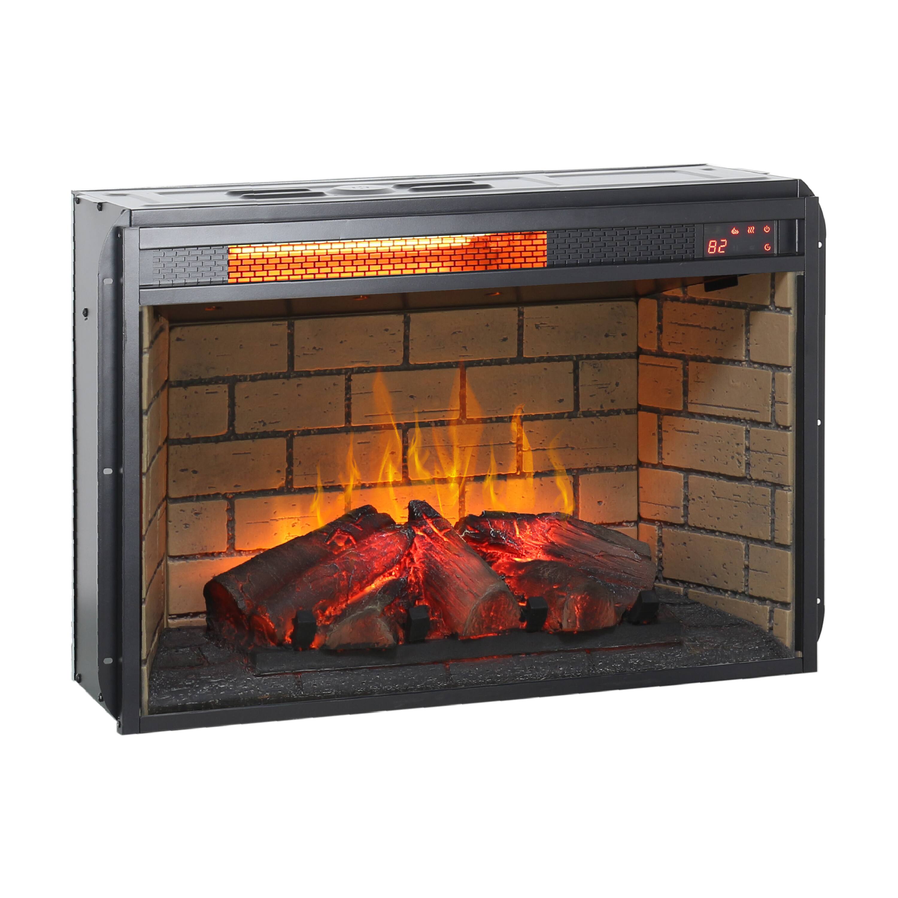 Left. Mondawe - 26" Infrared Quartz Electric Fireplace Insert with Wood Logs and Brick Design - Black.