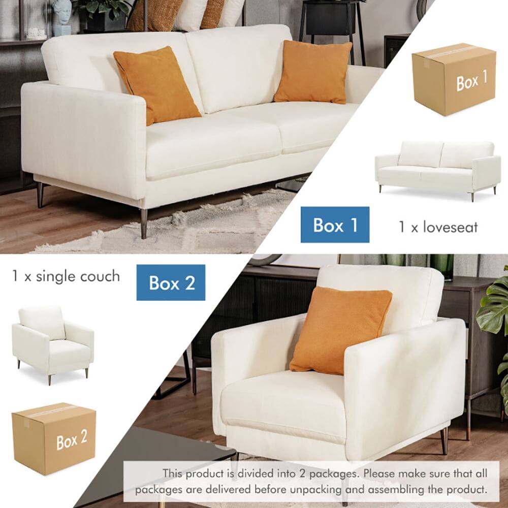 Box 1  
1 x loveseat  

Box 2  
1 x single couch  

This product is divided into 2 packages. Please make sure that all packages are delivered before unpacking and assembling the product.