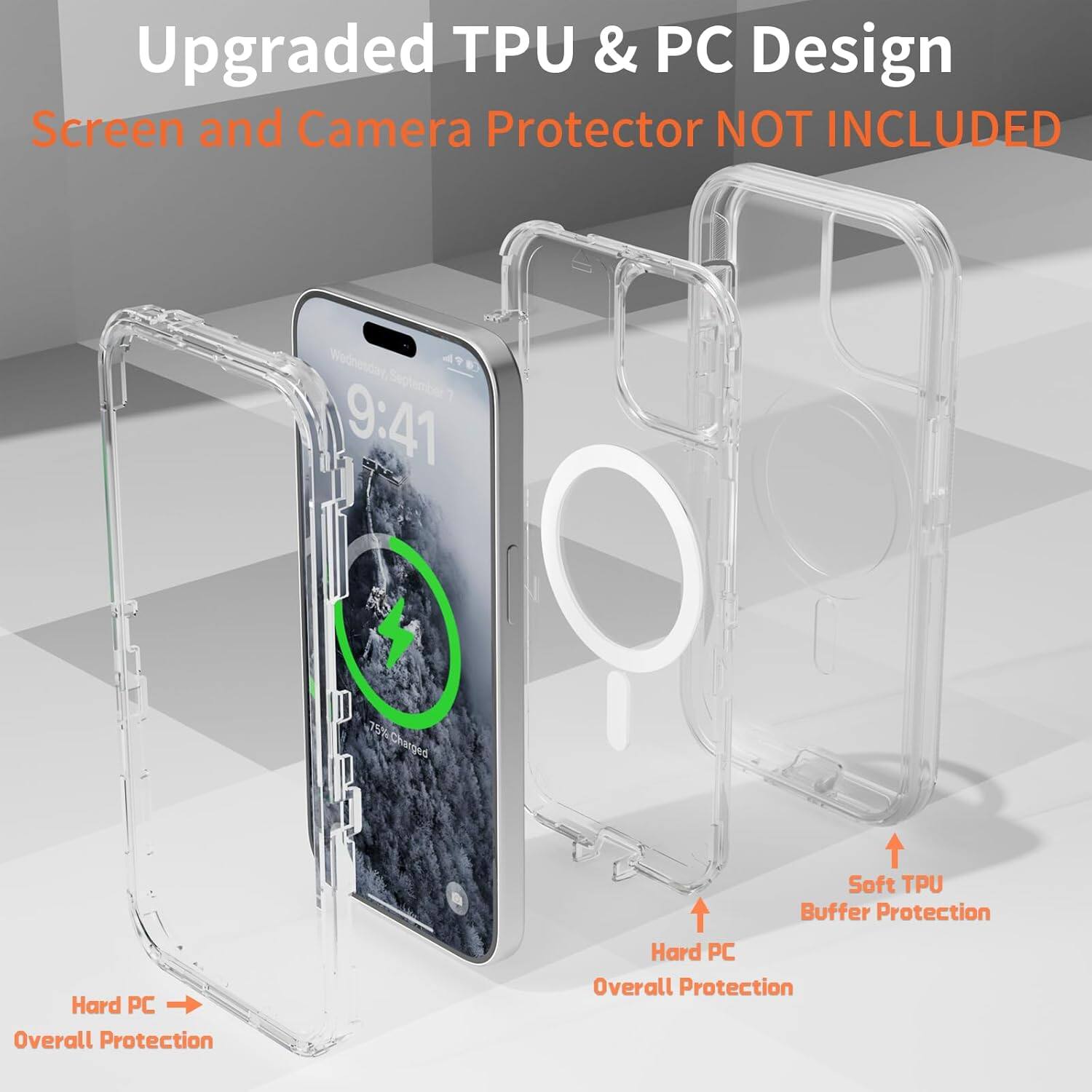 Upgraded TPU & PC Design
Screen and Camera Protector NOT INCLUDED
Soft TPU Buffer Protection
Hard PC Overall Protection
Hard PC Overall Protection