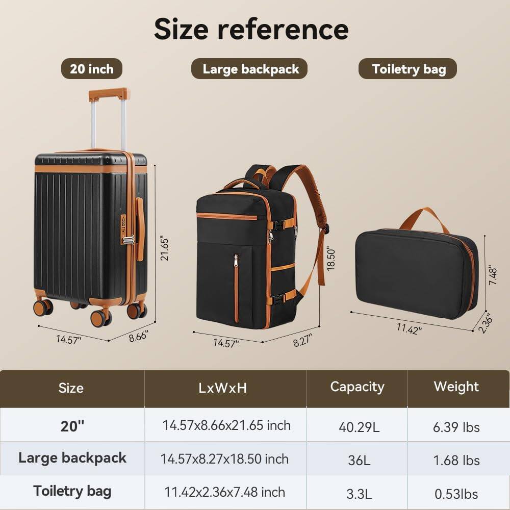 Size reference

20 inch
Large backpack
Toiletry bag

Size LxWxH Capacity Weight
20" 14.57x8.66x21.65 inch 40.29L 6.39 lbs
Large backpack 14.57x8.27x18.50 inch 36L 1.68 lbs
Toiletry bag 11.42x2.36x7.48 inch 3.3L 0.53lbs