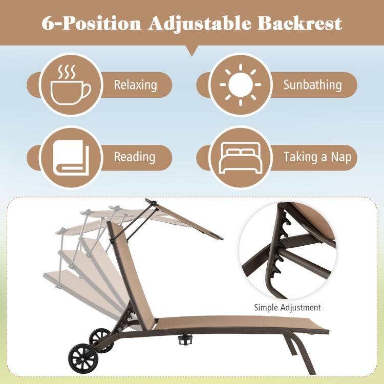 6-Position Adjustable Backrest

Relaxing
Sunbathing
Reading
Taking a Nap

Simple Adjustment