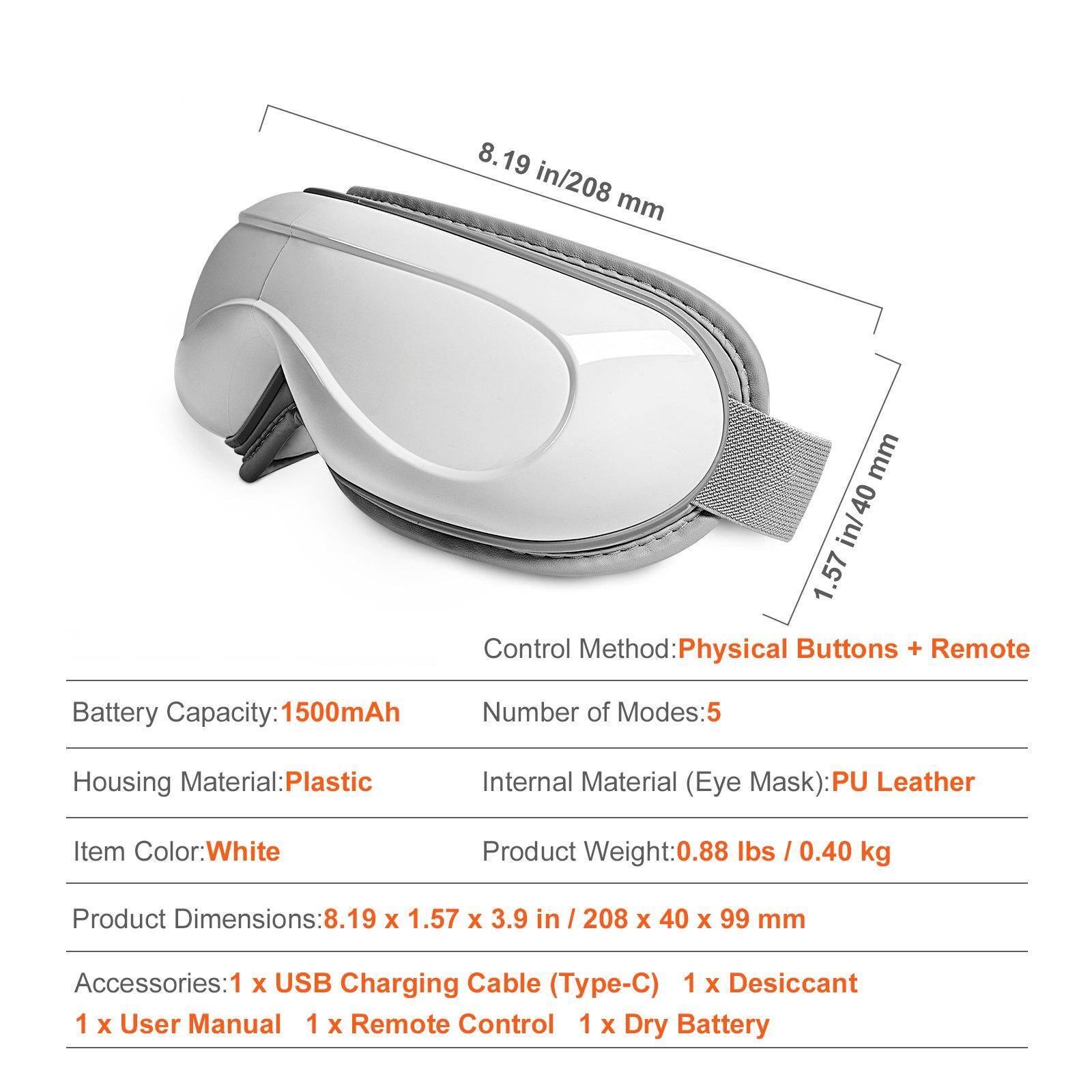Sure, here is the corrected and grouped text:

---

**Dimensions:**
- 8.19 in / 208 mm
- 1.57 in / 40 mm
- 3.9 in / 99 mm

**Control Method:**
- Physical Buttons + Remote

**Battery Capacity:**
- 1500mAh

**Number of Modes:**
- 5

**Housing Material:**
- Plastic

**Internal Material (Eye Mask):**
- PU Leather

**Item Color:**
- White

**Product Weight:**
- 0.88 lbs / 0.40 kg

**Product Dimensions:**
- 8.19 x 1.57 x 3.9 in / 208 x 40 x 99 mm

**Accessories:**
- 1 x USB Charging Cable (Type-C)
- 1 x Desiccant
- 1 x User Manual
- 1 x Remote Control
- 1 x Dry Battery

---