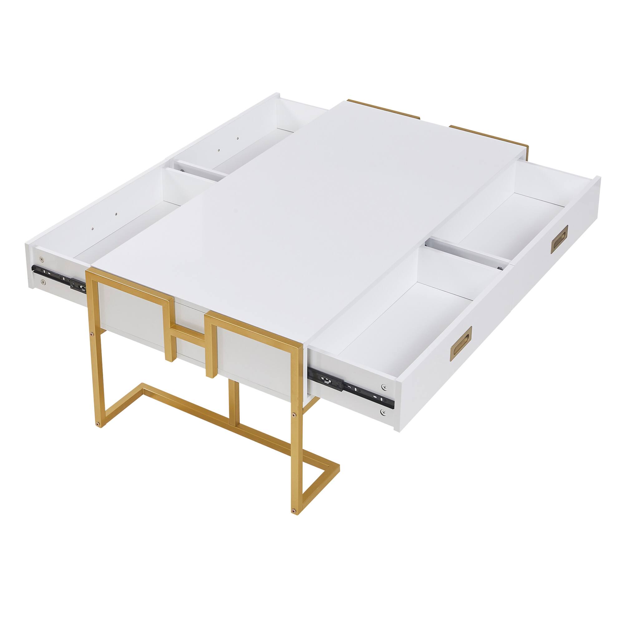 Alt View 7. GOODSILO - Modern Rectangular Coffee Table with Drawers and Metallic Base - White+Gold.