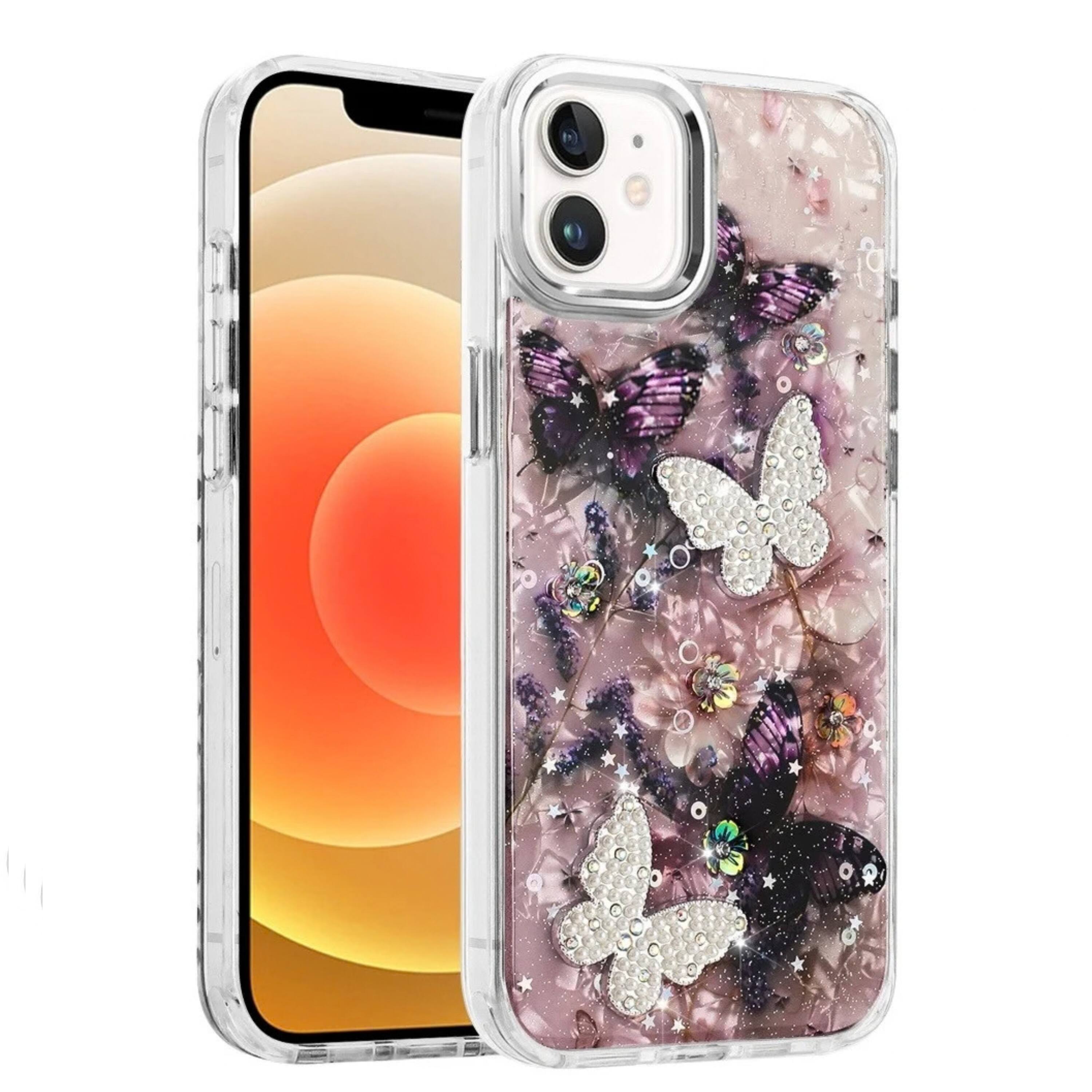 Angle. Kitcheniva - 3D Beaded Butterfly Glitter Phone Case With Tempered Glass For iPhone 12 12 Pro Black Pink - Pink.