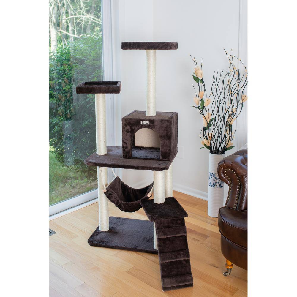 Back. Armarkat - 57Inch Real Wood Cat Tree In Coffee Brown With Four Levels Ramp - Brown.