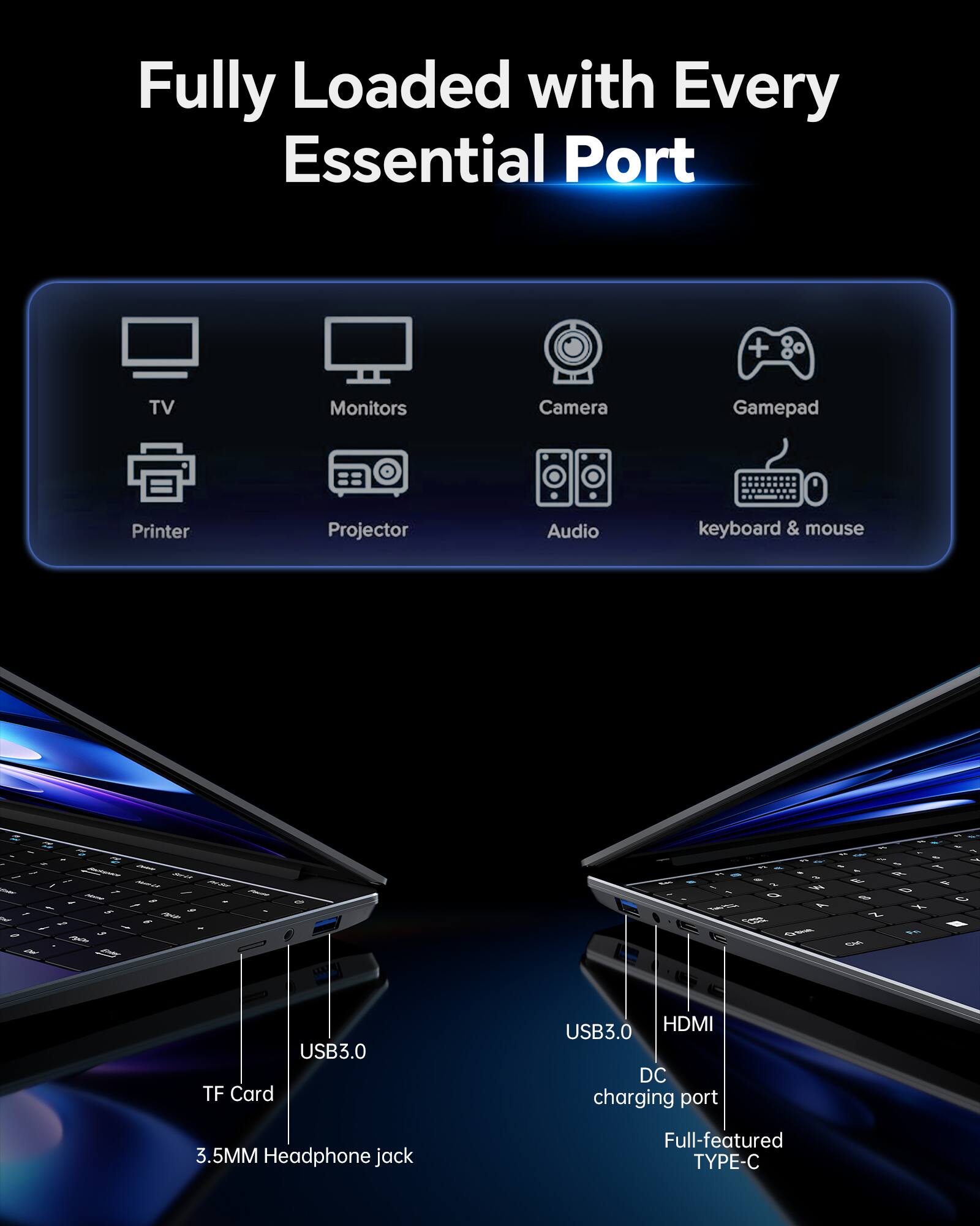 Fully Loaded with Every Essential Port

TV Monitors Camera Gamepad Printer Projector Audio keyboard & mouse

USB3.0 TF Card USB3.0 HDMI DC charging port 3.5MM Headphone jack Full-featured TYPE-C