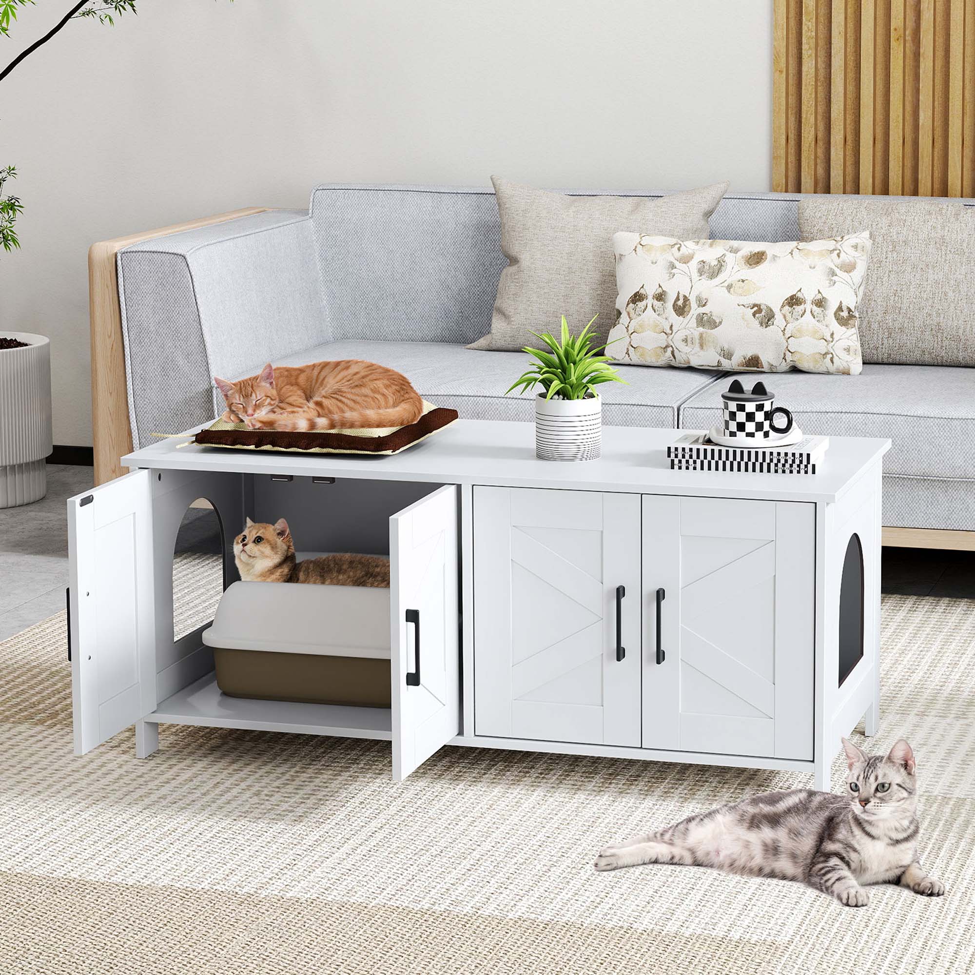 Alt View 4. Gymax - Gymax Cat Litter Box Enclosure for 2 Cats w/ Double Rooms Wooden Cat Washroom Cabinet White - White.