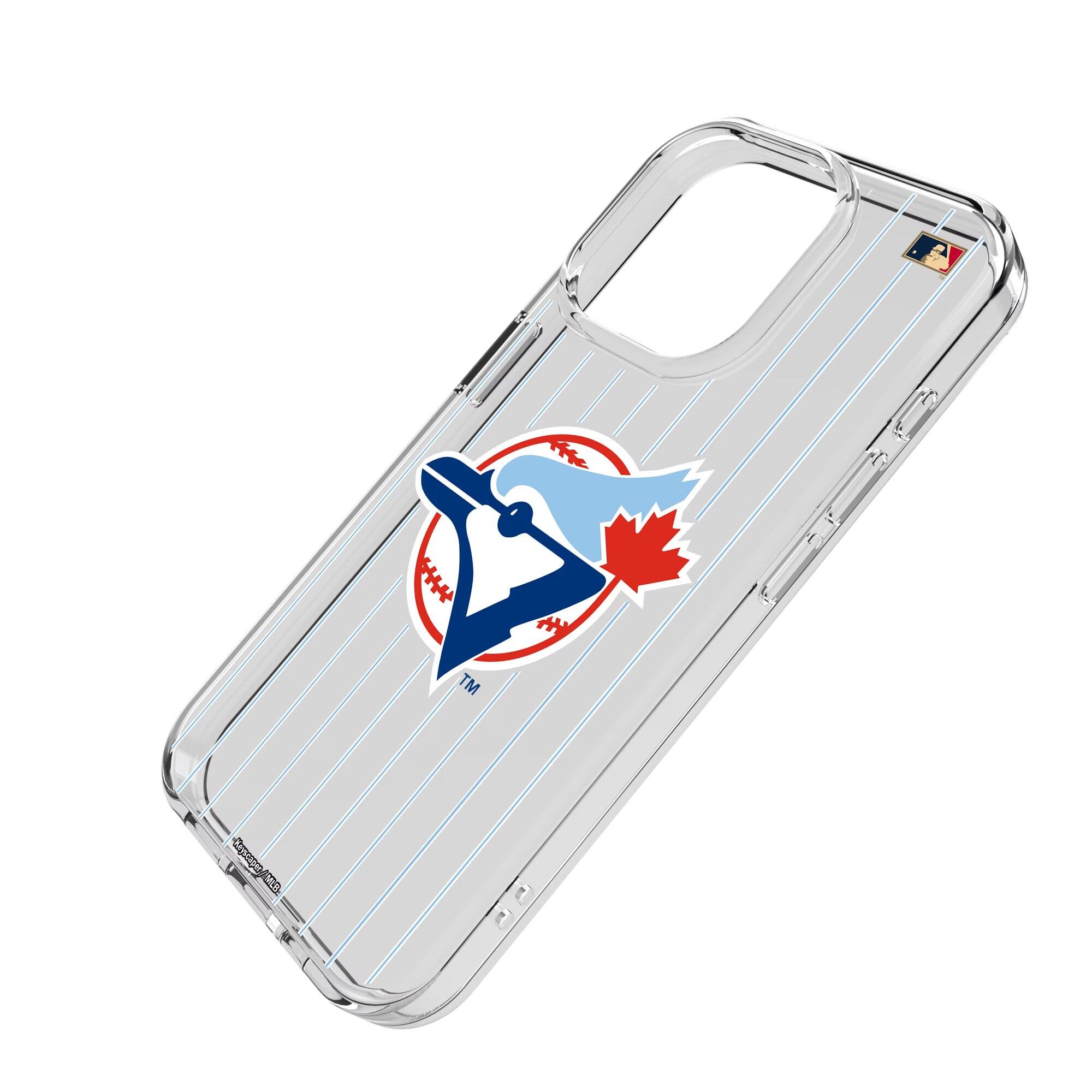 Alt View 1. Keyscaper - Toronto Blue Jays 1977-1988 Cooperstown Pinstripe iPhone Clear Case - 16 Plus - Multicolor.