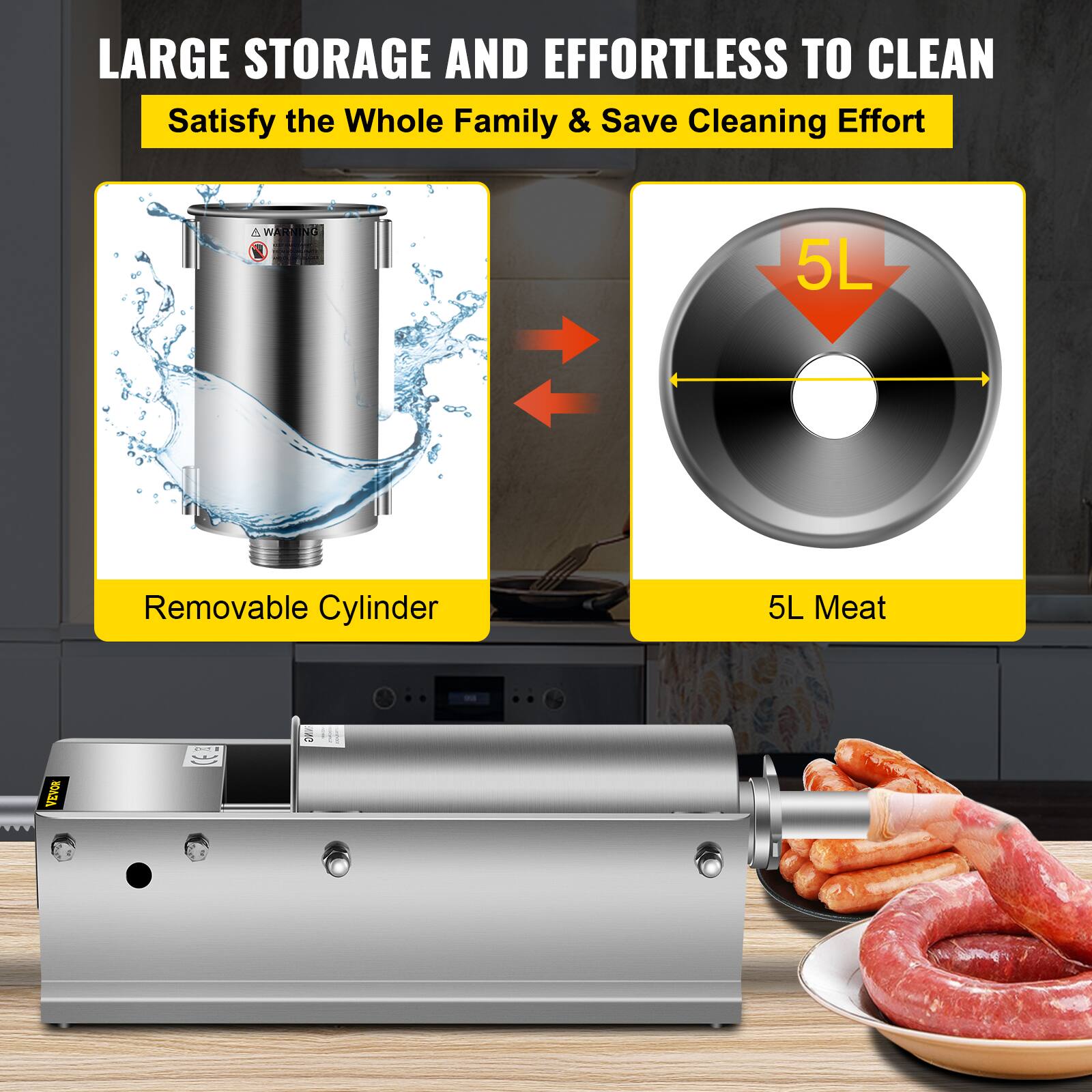 LARGE STORAGE AND EFFORTLESS TO CLEAN  
Satisfy the Whole Family & Save Cleaning Effort  

- Removable Cylinder  
- 5L Meat