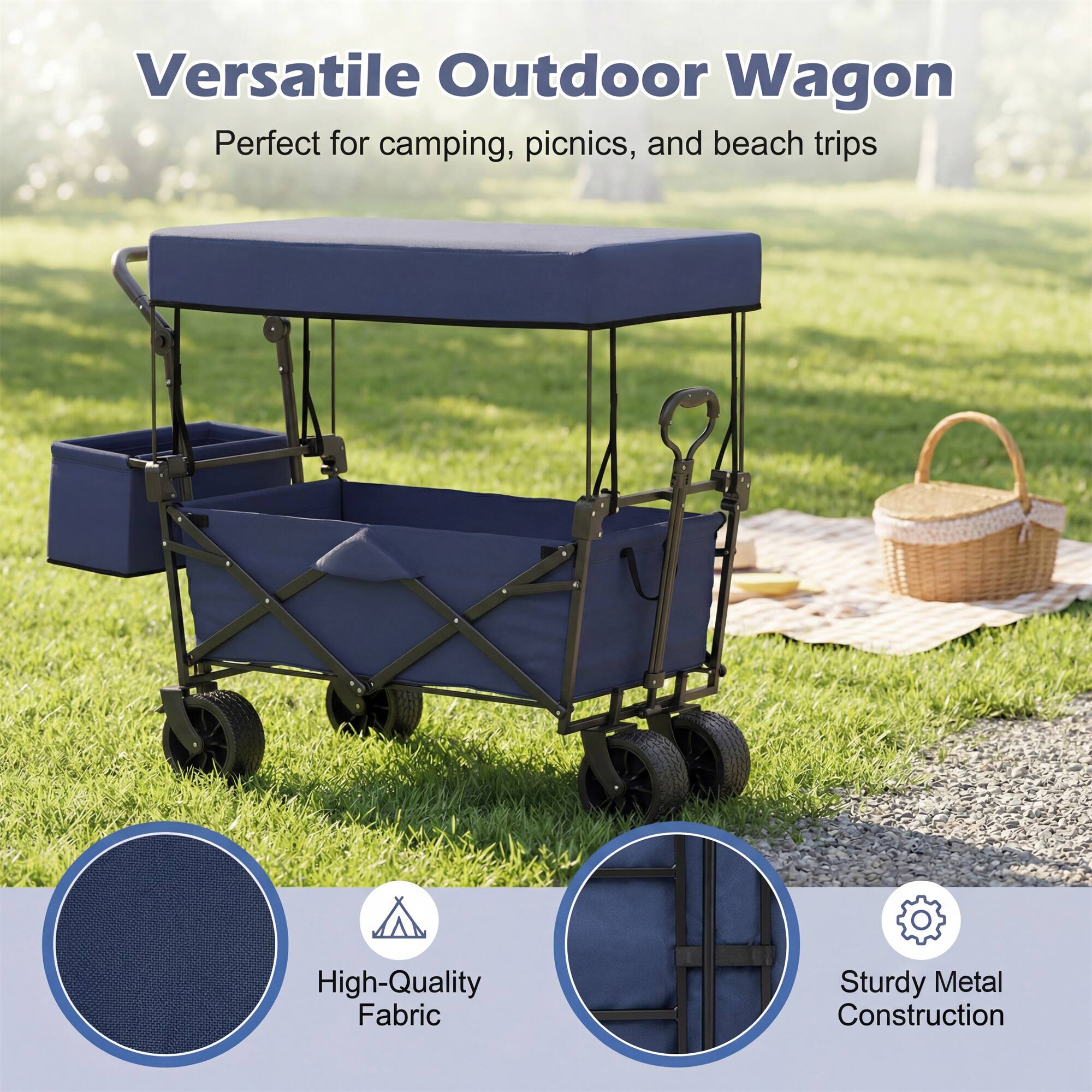 Versatile Outdoor Wagon  
Perfect for camping, picnics, and beach trips  

High-Quality Fabric  
Sturdy Metal Construction