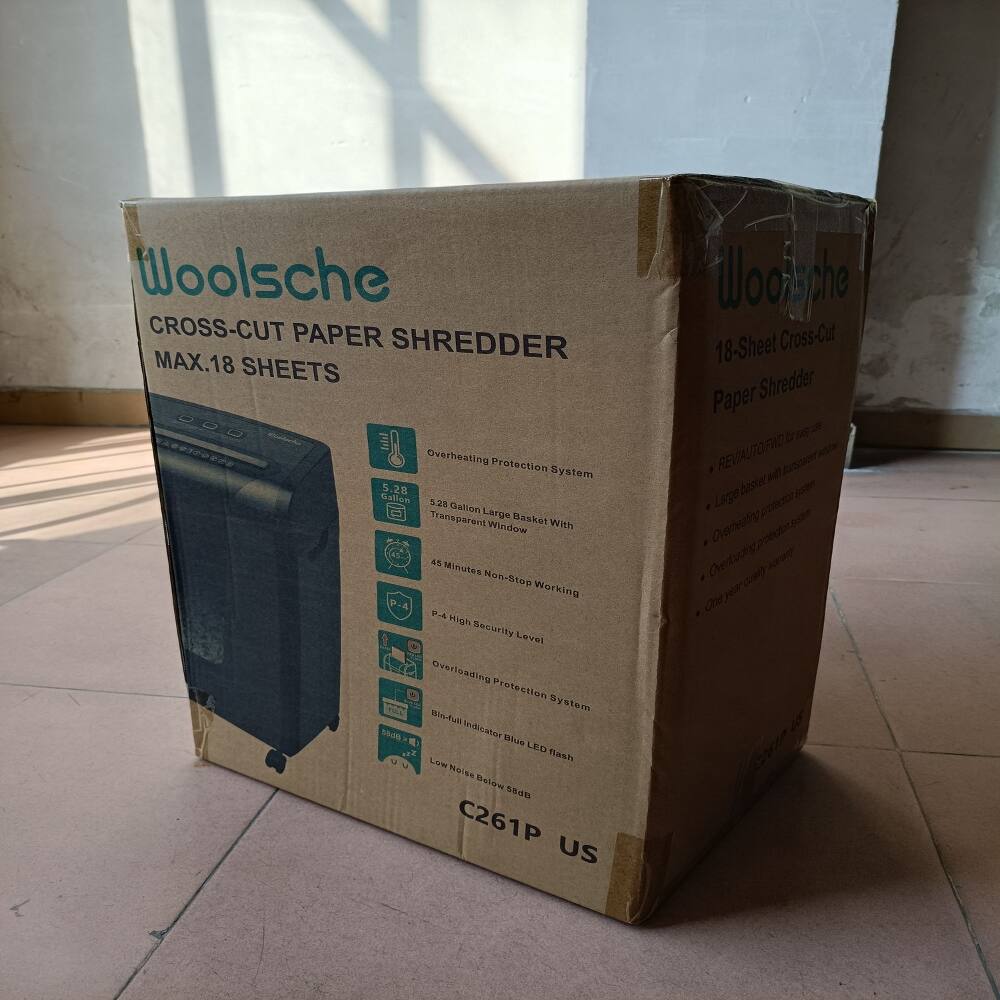Woolsche CROSS-CUT PAPER SHREDDER MAX.18 SHEETS Overheating Protection System 5.28 Gallon Large Transparent Basket With 45 Minutes Non-Stop Working P-4 High Security Level Overloading Protection System Bin-full Indicator Low Noise Balon C261P US
