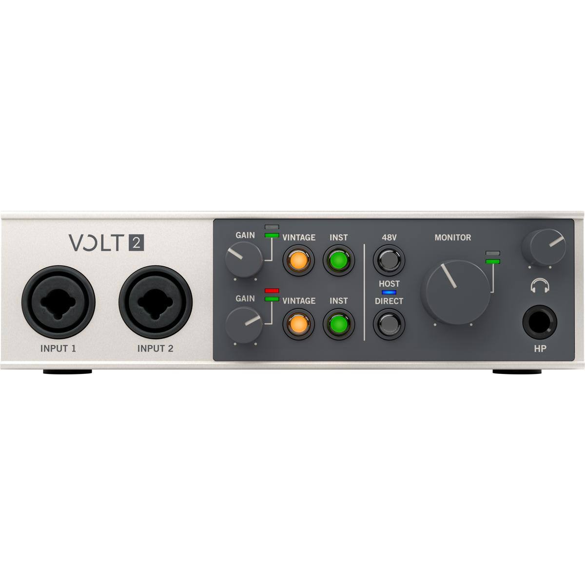 VOLT 2

INPUT 1  
INPUT 2

GAIN  
VINTAGE  
INST  
48V  
MONITOR  
HOST  
DIRECT  
HP