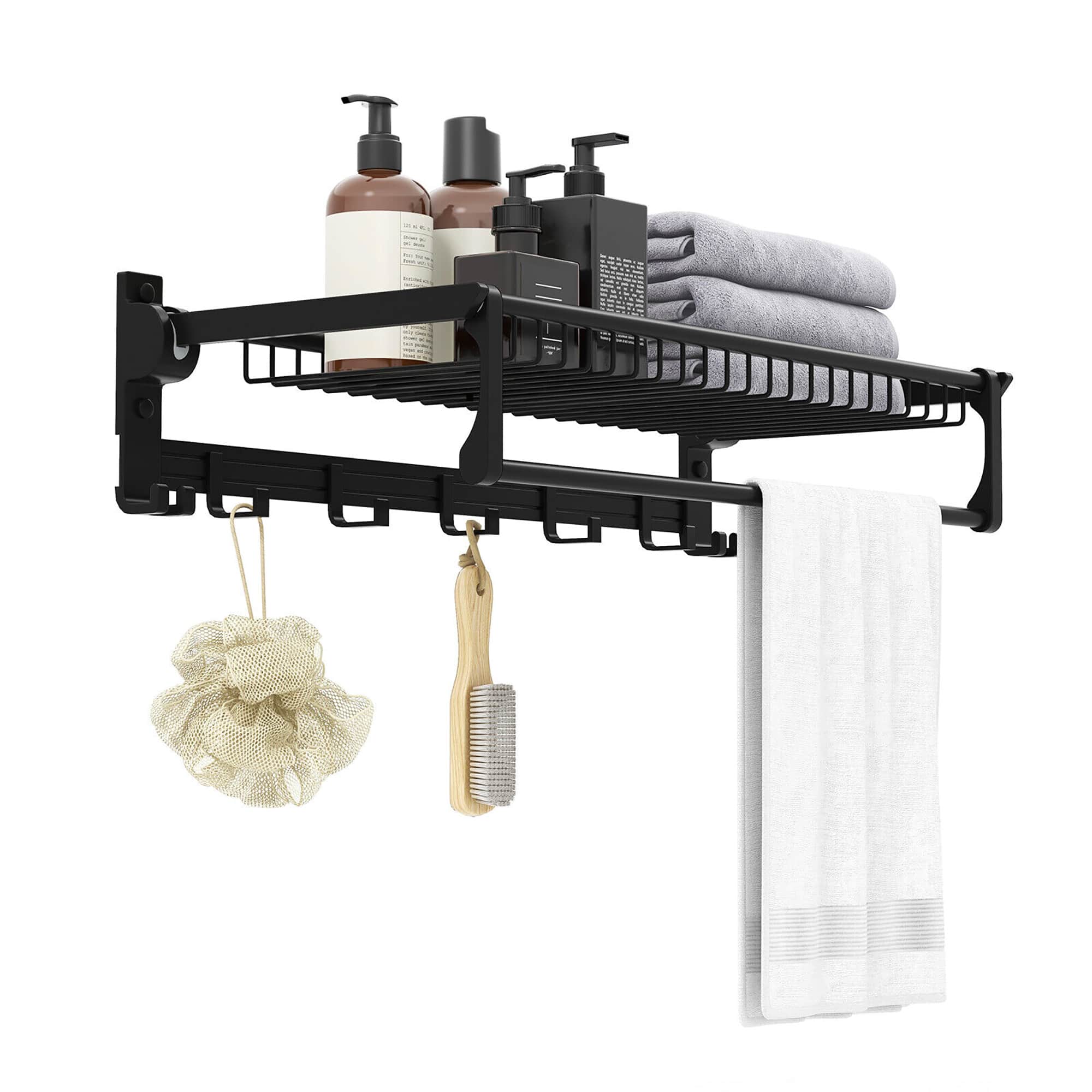 Gymax - Wall Mounted Foldable Towel Rack w/ Adjustable Towel Bar & Movable Hooks Black - Black