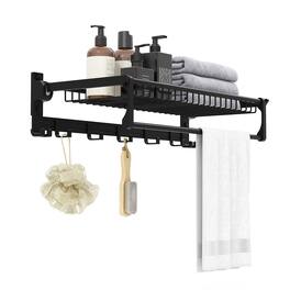 Gymax - Wall Mounted Foldable Towel Rack w/ Adjustable Towel Bar & Movable Hooks Black - Black