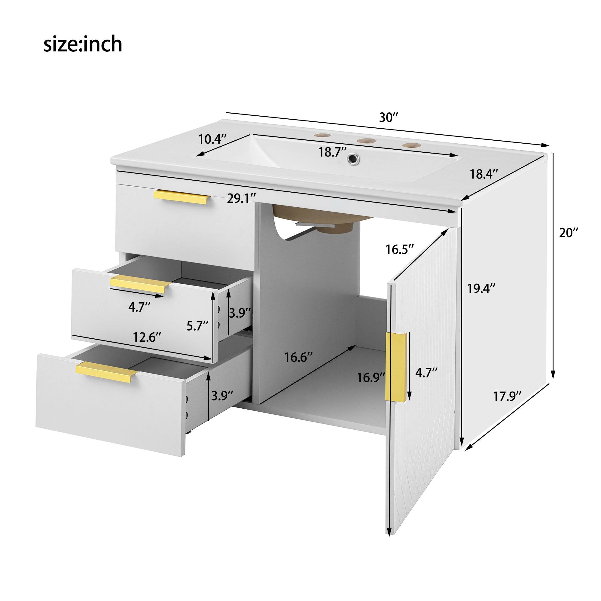 size: inch  
30" 10.4" 18.7" 18.4" 29.1" 16.5" 20" 4.7" 12.6" 3.9" 5.7" 3.9" 16.6" 16.9" 4.7" 19.4" 17.9"