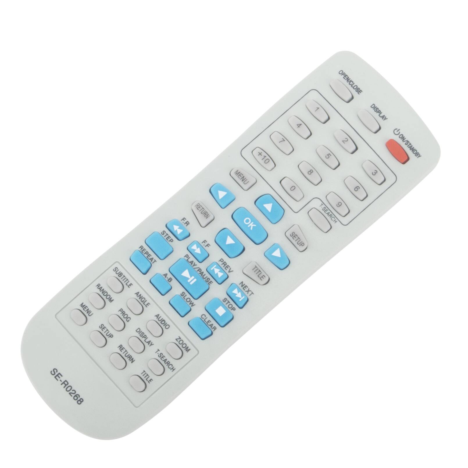 + +10 MENU RETURN F.R OK STEP F.F REPEAT V PLAY PREV SUBTITLE A-B 1 /PAUSE TITLE RANDOM NEXT ANGLE SLOW STOP MENU PROG AUDIO CLEAR SETUP DISPLAY ZOOM RETURN T-SEARCH TITLE SE-R0268 OPEN/CLOSE 1 DISPLAY 4 7 2 PM 5 8 3 0 6 6 T-SEARCH SETUP