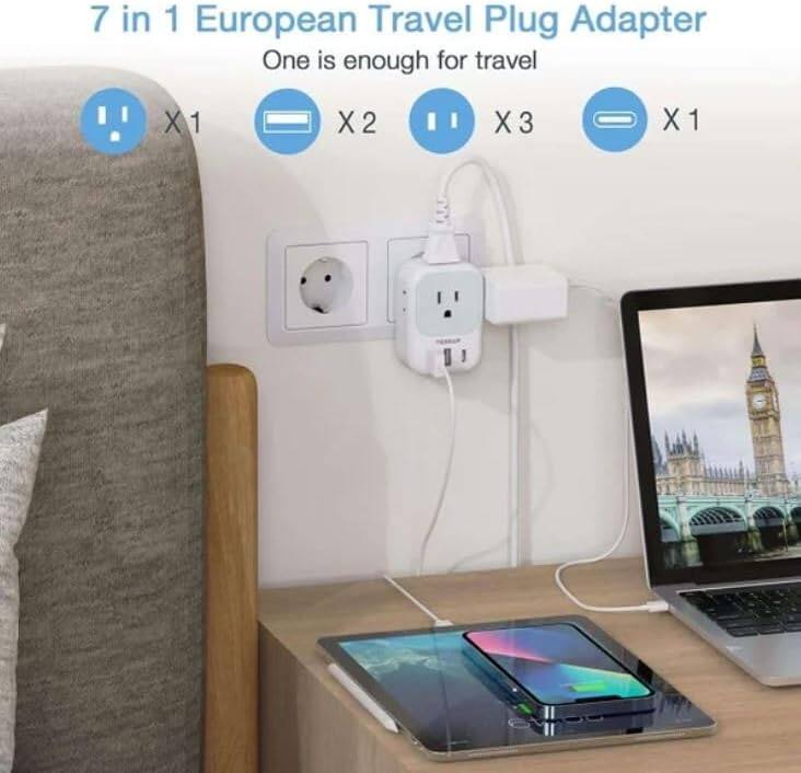 7 in 1 European Travel Plug Adapter  
One is enough for travel  

- USB-C x 1  
- USB-A x 2  
- USB-C x 3  
- USB-A x 1