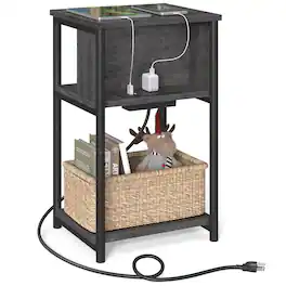 Songmics Home - Side Table with Charging Station, 3-Tier End Table with USB Ports and Outlets, Nightstand for Living Room, Bedroom - Misty Gray and Black