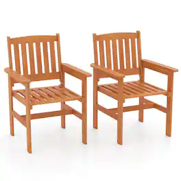 Costway - Patio Chairs Set of 2 Outdoor Wooden Dining Chairs with Inclined Backrests - Natural