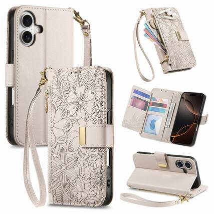 Front. UUCOVER - Floral PU Leather Wallet Case for Apple iPhone 17 with Zipper Pocket, Card Slots,Shoulder & Wrist Strap, Stand Cover - Beige.