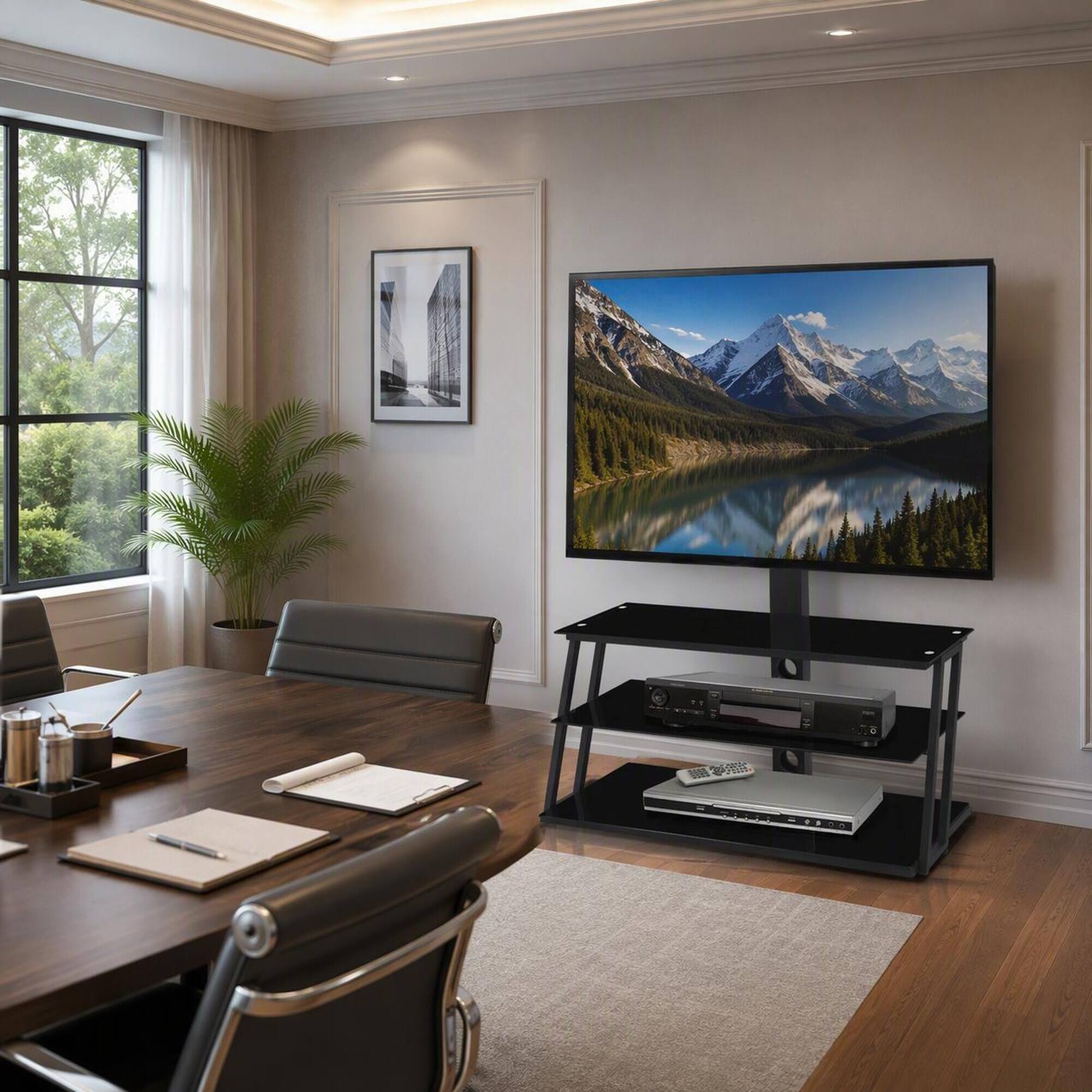 Left. RYHNUYNE - Black Multi-Function TV Stand, Angle & Height Adjustable Tempered Glass Floor Mount - Black.