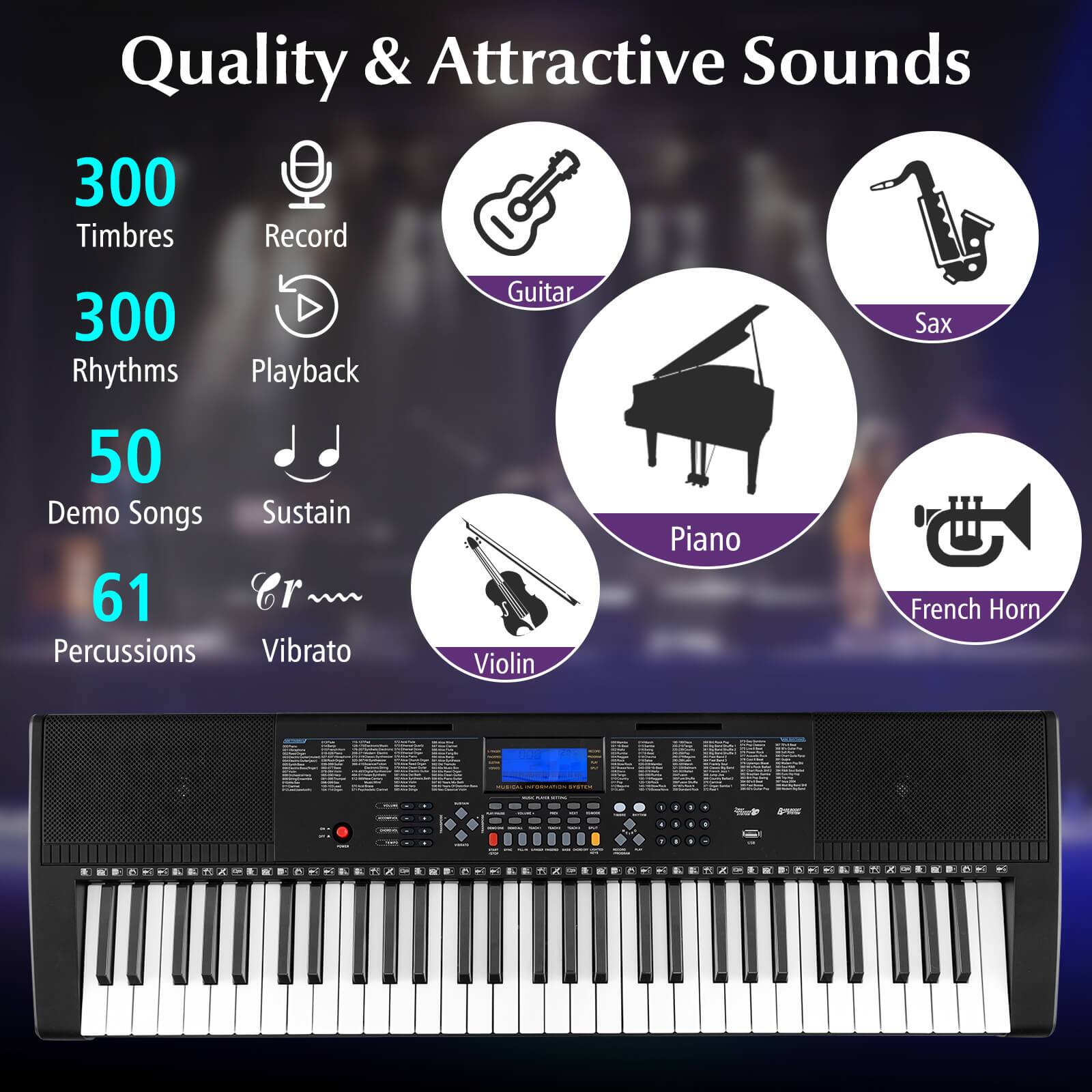 Quality & Attractive Sounds
- 300 Timbres
- 300 Rhythms
- 50 Demo Songs
- 61 Percussions
- 300 Rhythms Playback
- Sustain
- Vibrato
Instruments:
- Guitar
- Sax
- Piano
- Violin
- French Horn
Features:
- Record
- Playback