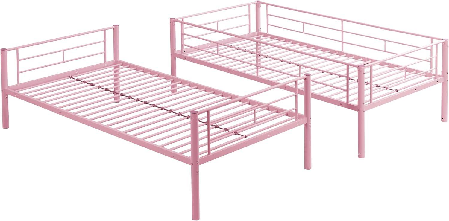 Alt View 6. Trinkets Crazed - Twin Over Twin Size Metal Detachable Bunk Bed Frame with 2 Side Ladder and Guardrail - pink.