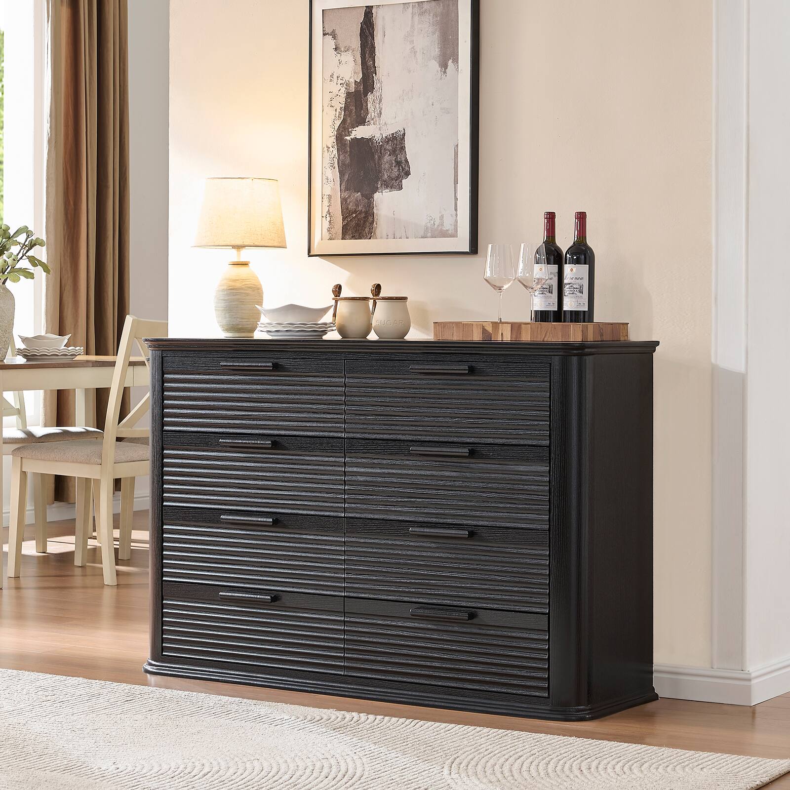 Alt View 1. Forest'nSky - Black Wood 8 drawer 52 in. Wide Chest of Drawers with Curved Profile Design for Living Room - Black.