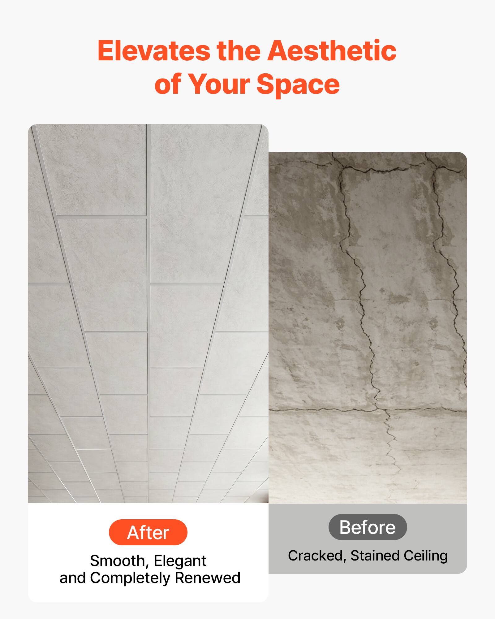 Elevates the Aesthetic of Your Space

After
Smooth, Elegant and Completely Renewed

Before
Cracked, Stained Ceiling